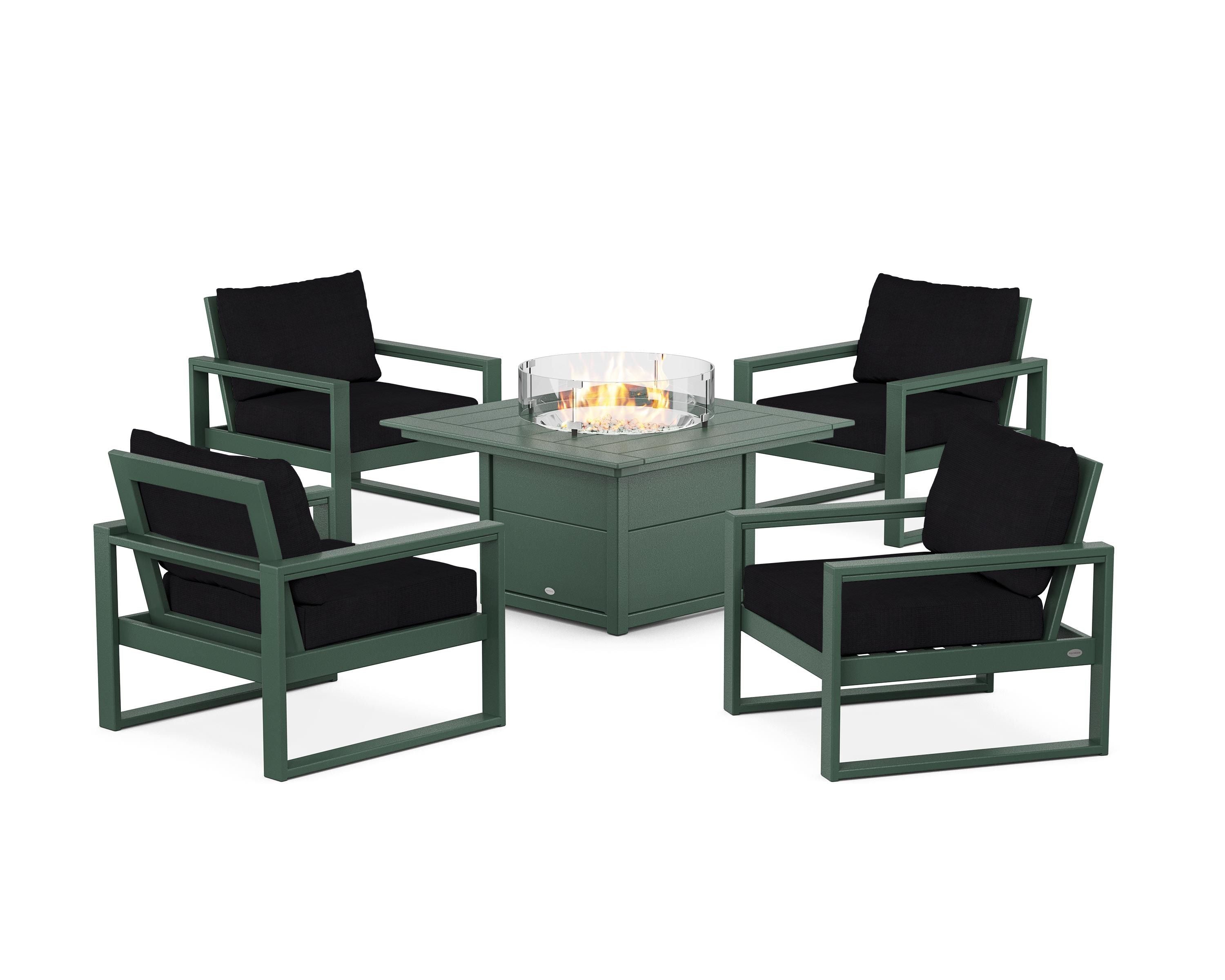POLYWOOD EDGE Sectional 5-Piece Deep Seating Set with Fire Pit Table in Green / Midnight Linen