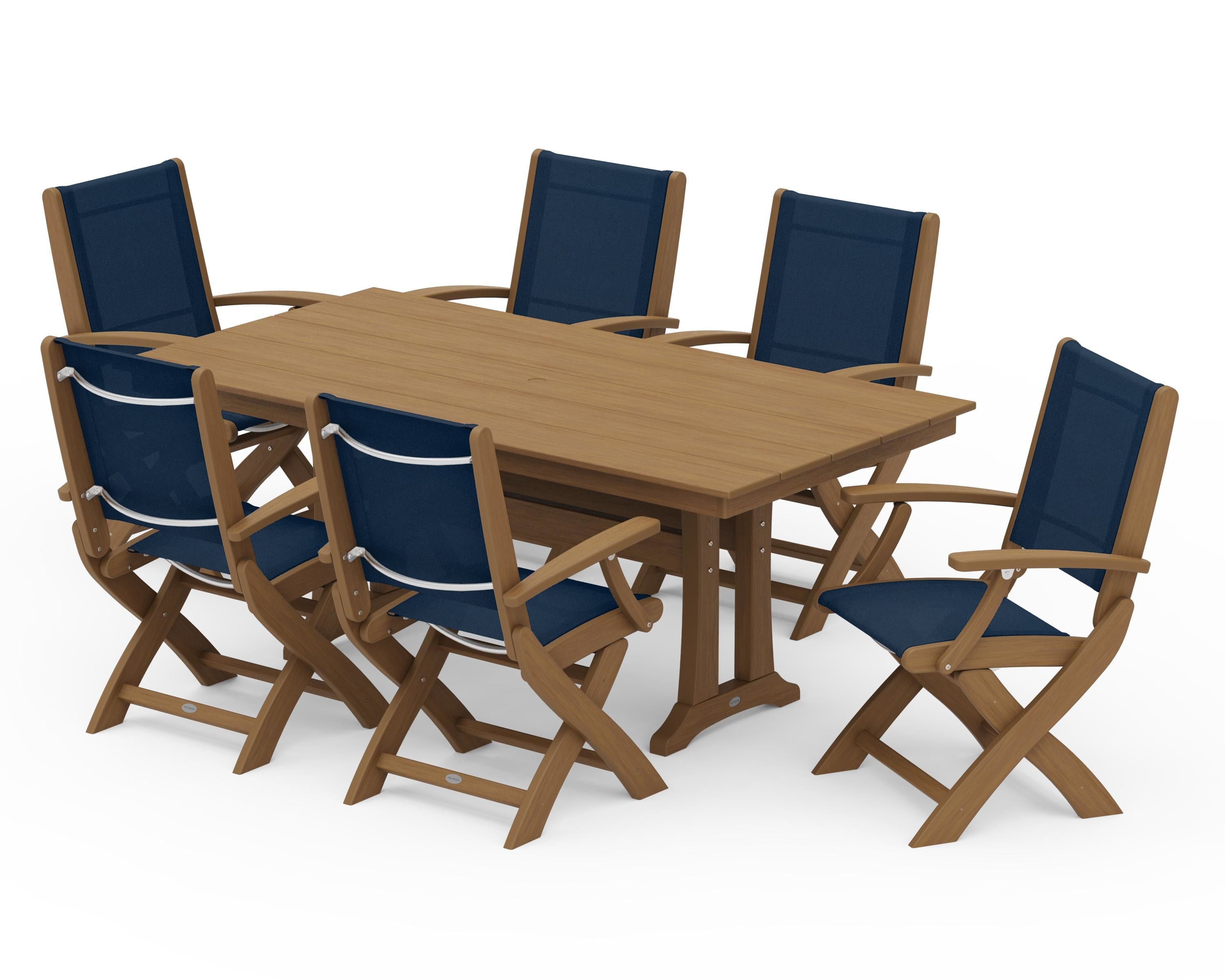POLYWOOD Coastal Folding Arm Chair 7-Piece Farmhouse Dining Set with Trestle Legs in Natural / Navy Blue Sling