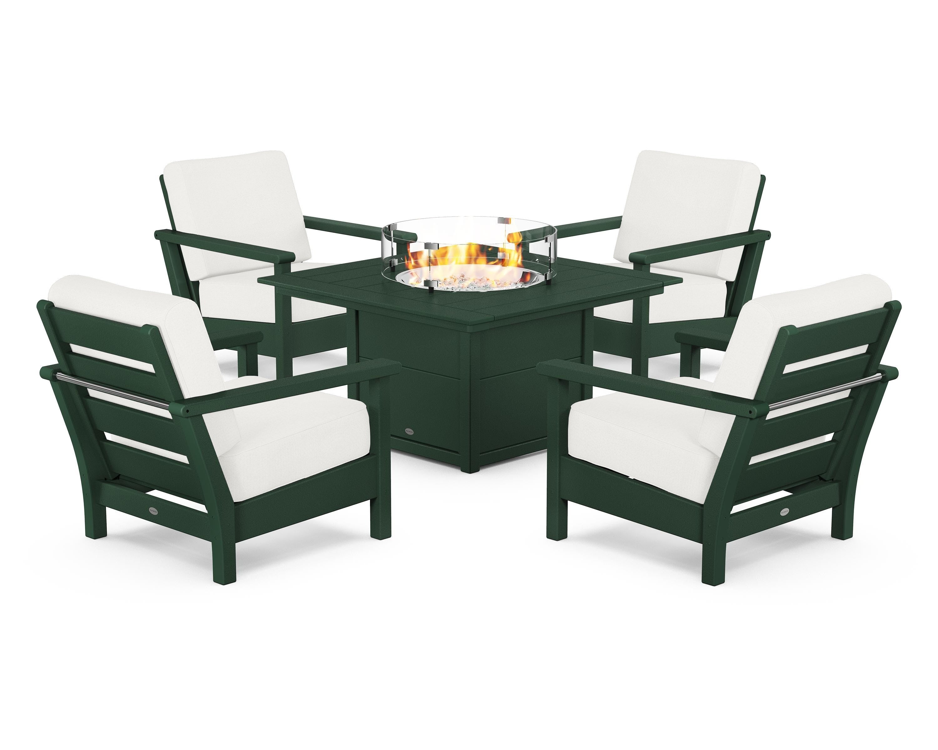 POLYWOOD Harbour 5-Piece Conversation Set with Fire Pit Table in Green / Natural Linen