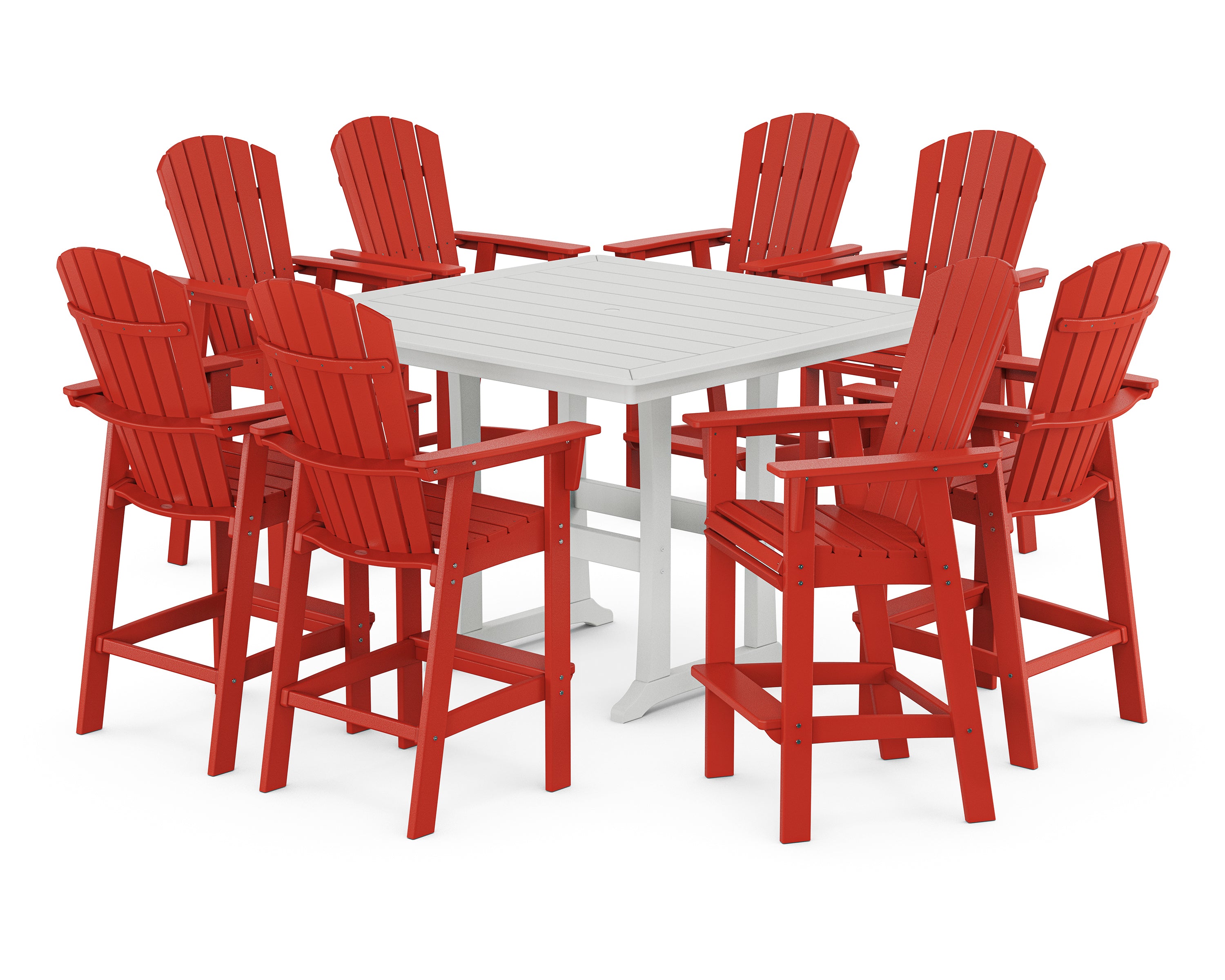 POLYWOOD Nautical Curveback Adirondack 9-Piece Trestle Bar Set in Sunset Red / White