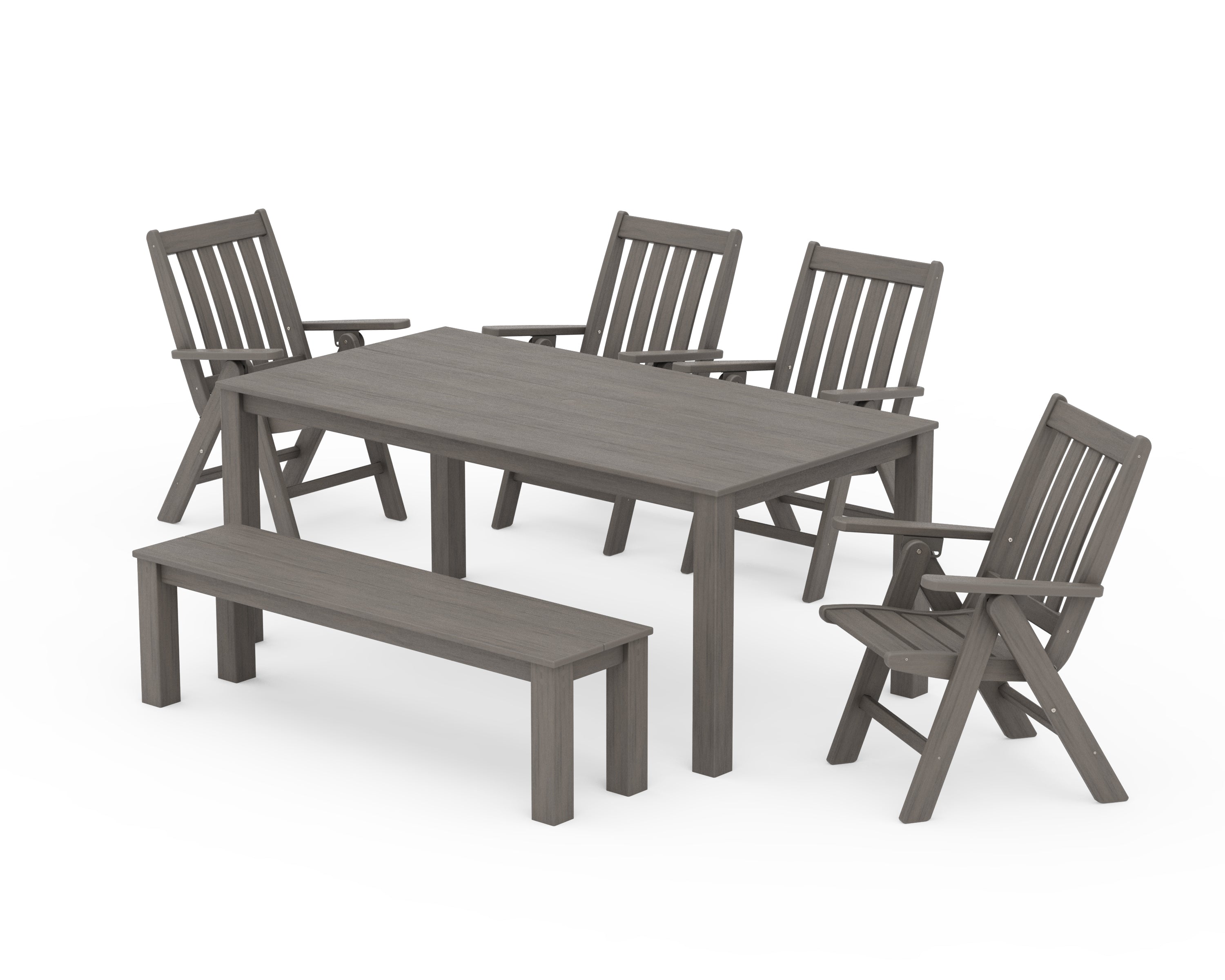 POLYWOOD Vineyard Folding Chair 6-Piece Parsons Dining Set with Bench in Driftwood