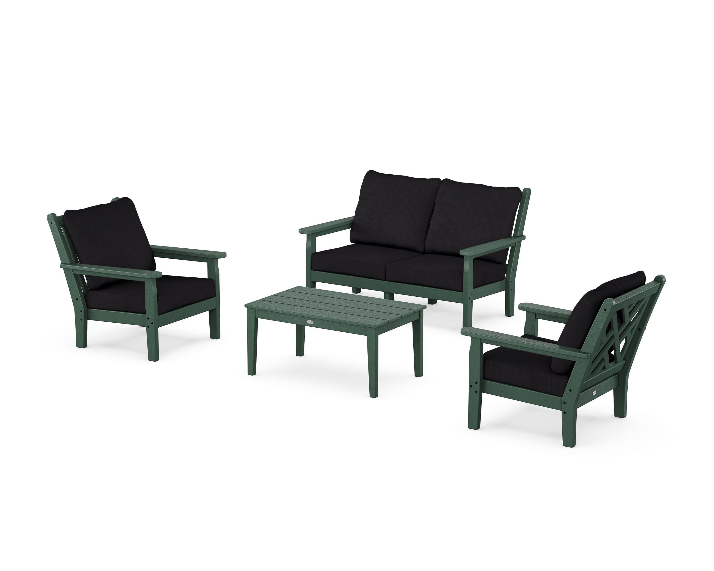 POLYWOOD Chippendale 4-Piece Deep Seating Set with Loveseat in Green / Midnight Linen