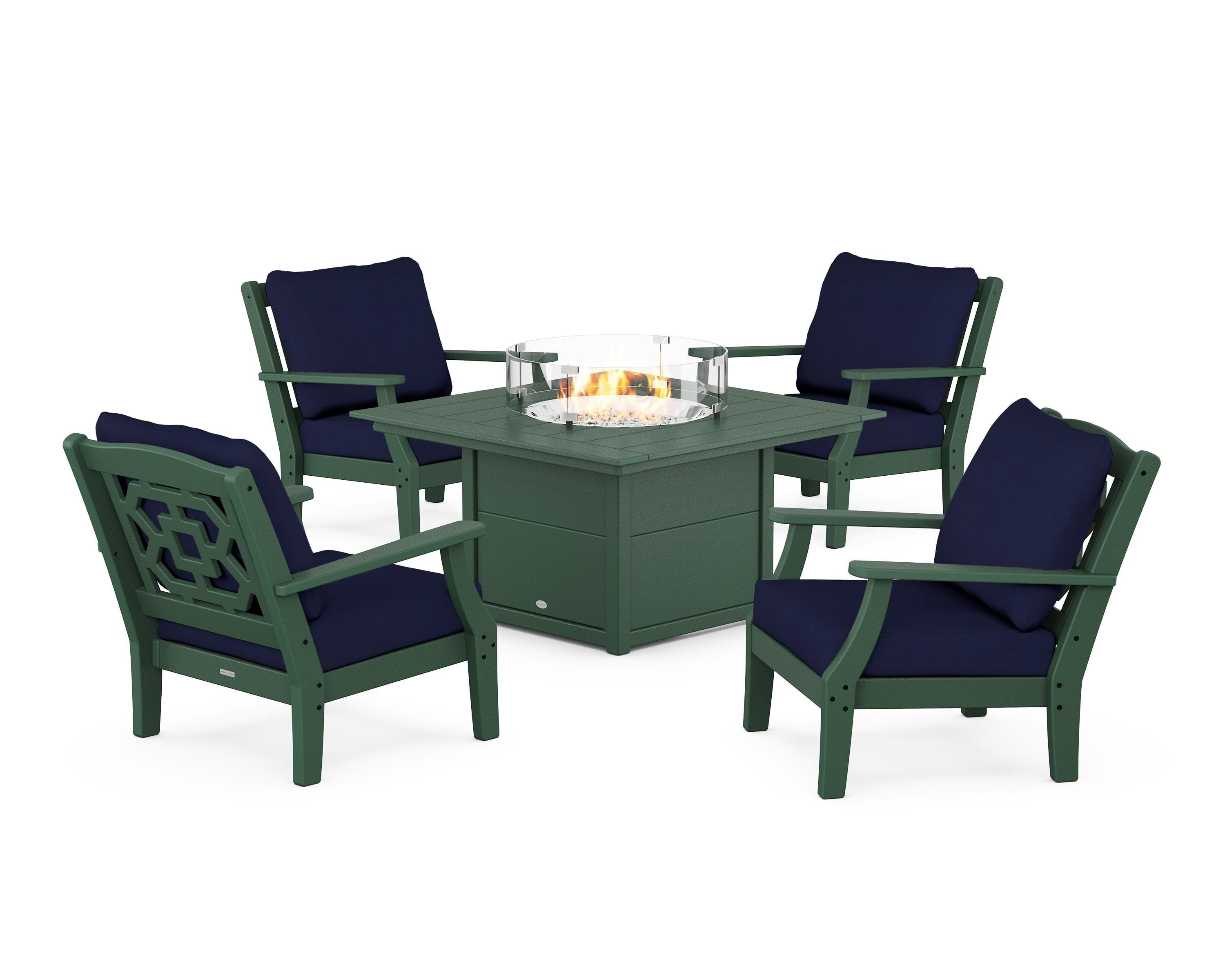 Martha Stewart by POLYWOOD Chinoiserie 5-Piece Deep Seating Set with Fire Pit Table in Green / Navy