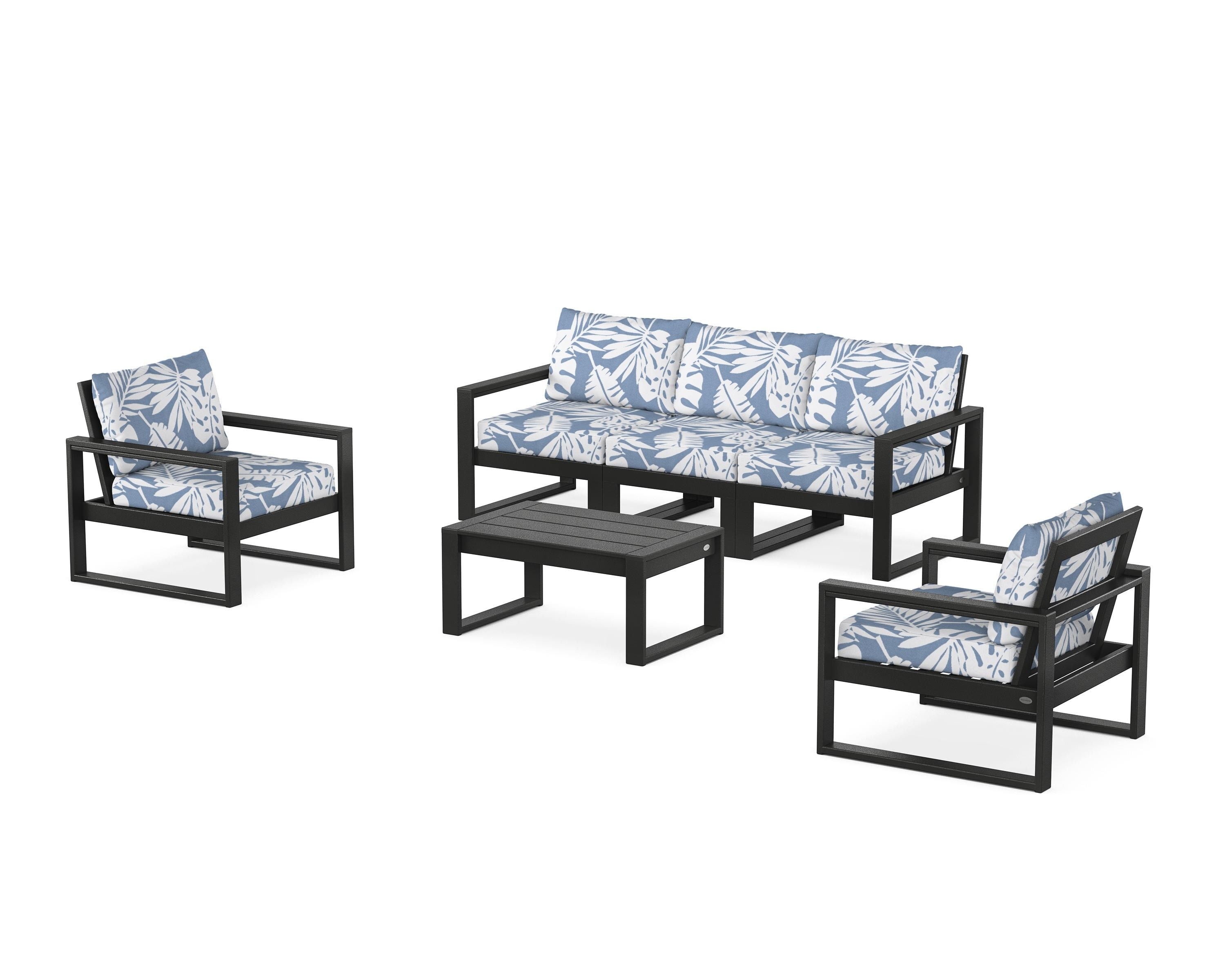 POLYWOOD EDGE Sectional 4-Piece Deep Seating Set with Sofa in Black / Leaf Sky Blue