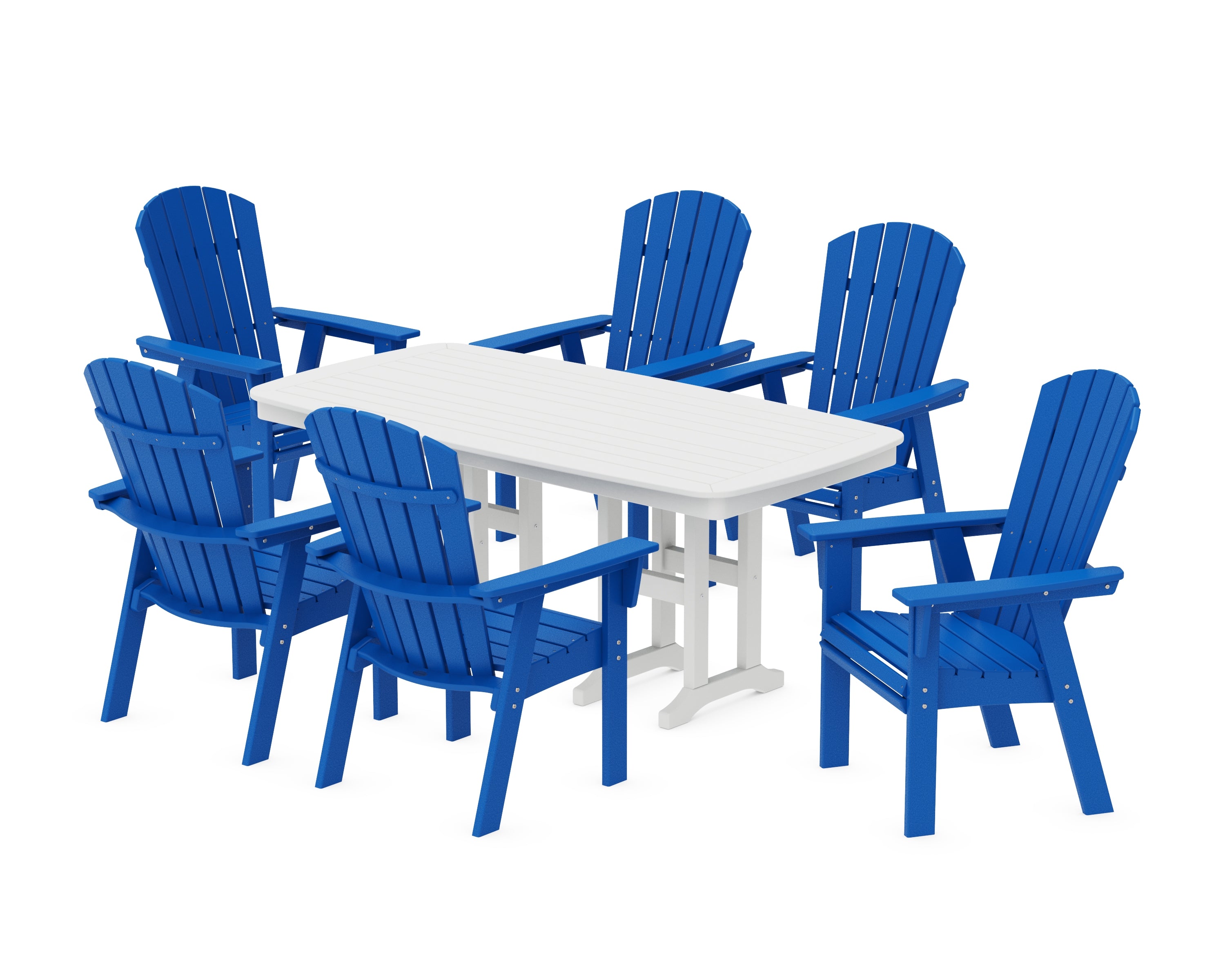 POLYWOOD Nautical Curveback Adirondack 7-Piece Dining Set in Pacific Blue / White