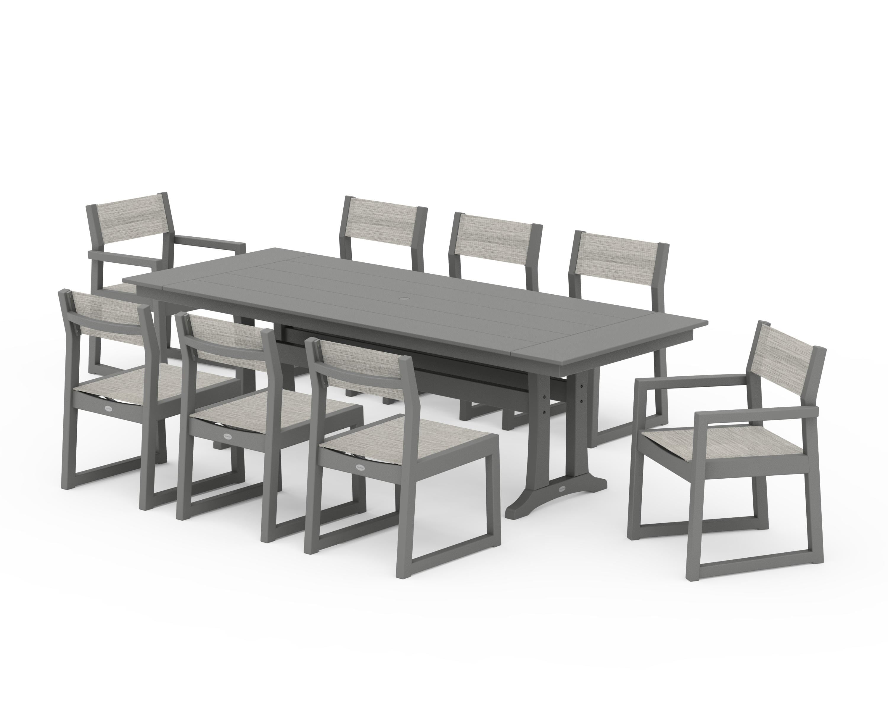 POLYWOOD EDGE Sling 9-Piece Farmhouse Trestle Dining Set in Slate Grey / Birch Sling