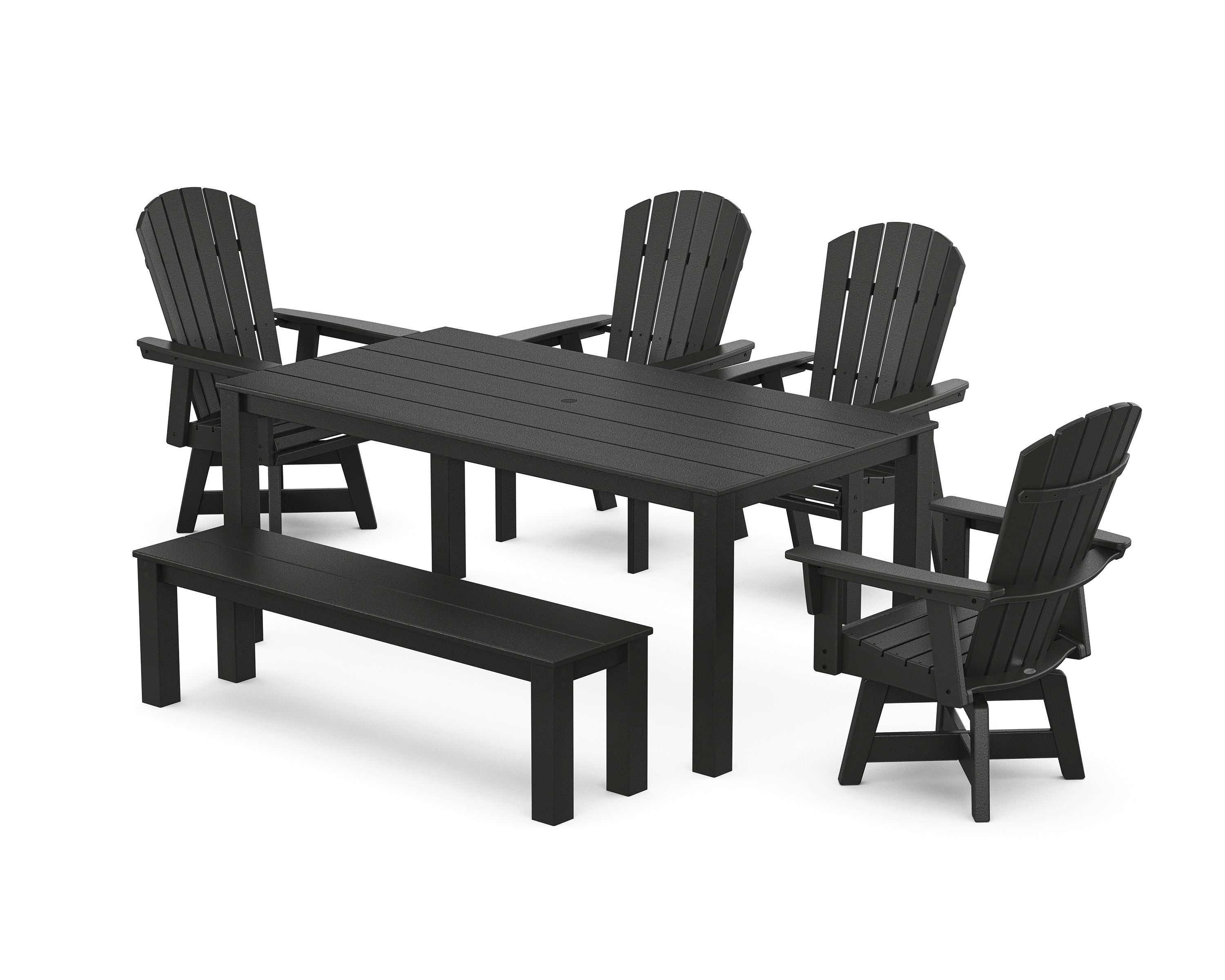 POLYWOOD Nautical Curveback Adirondack Swivel 6-Piece Parsons Dining Set with Bench in Black
