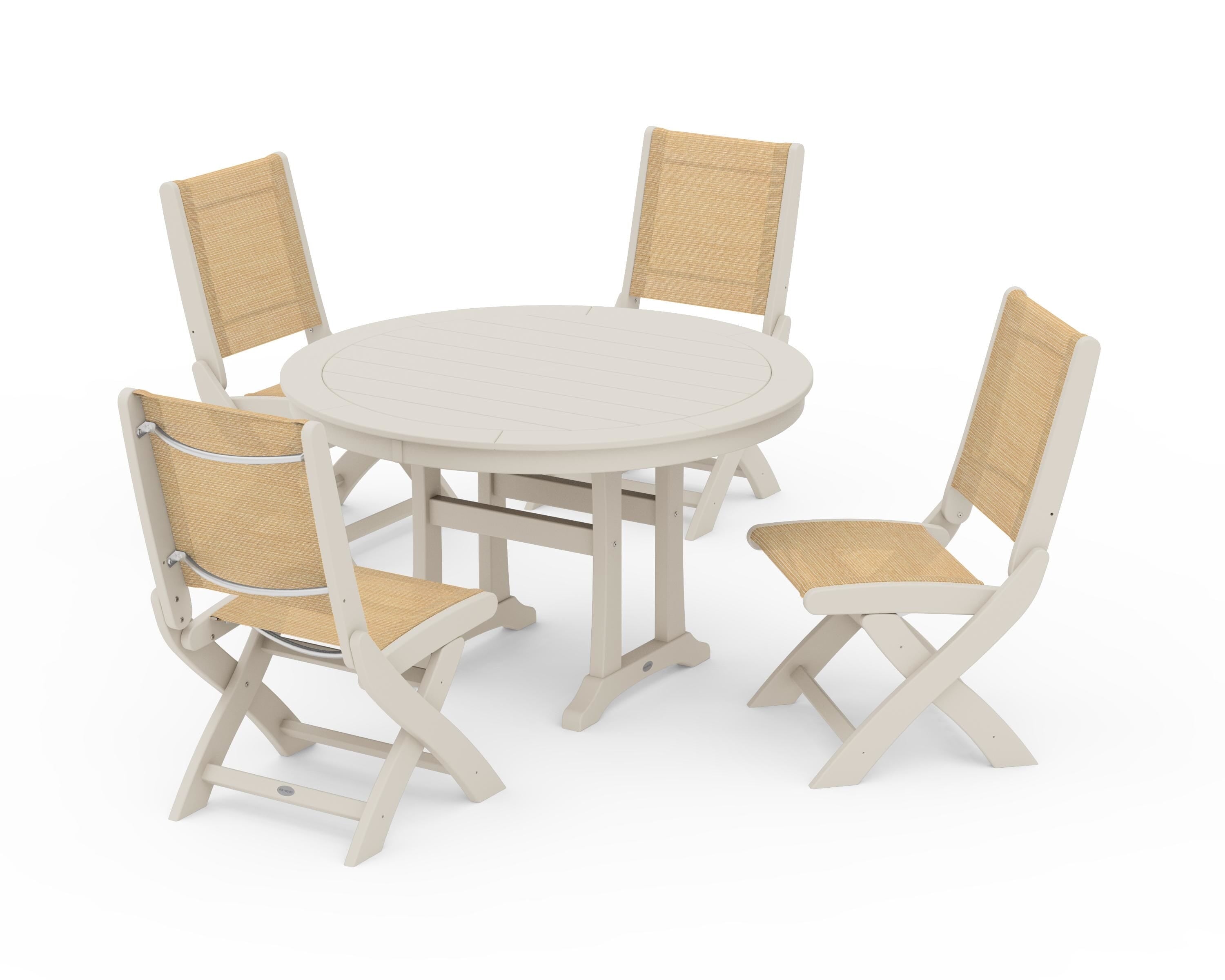 POLYWOOD Coastal Folding Side Chair 5-Piece Round Dining Set With Trestle Legs in Sand / Dupioni Apricot Sling