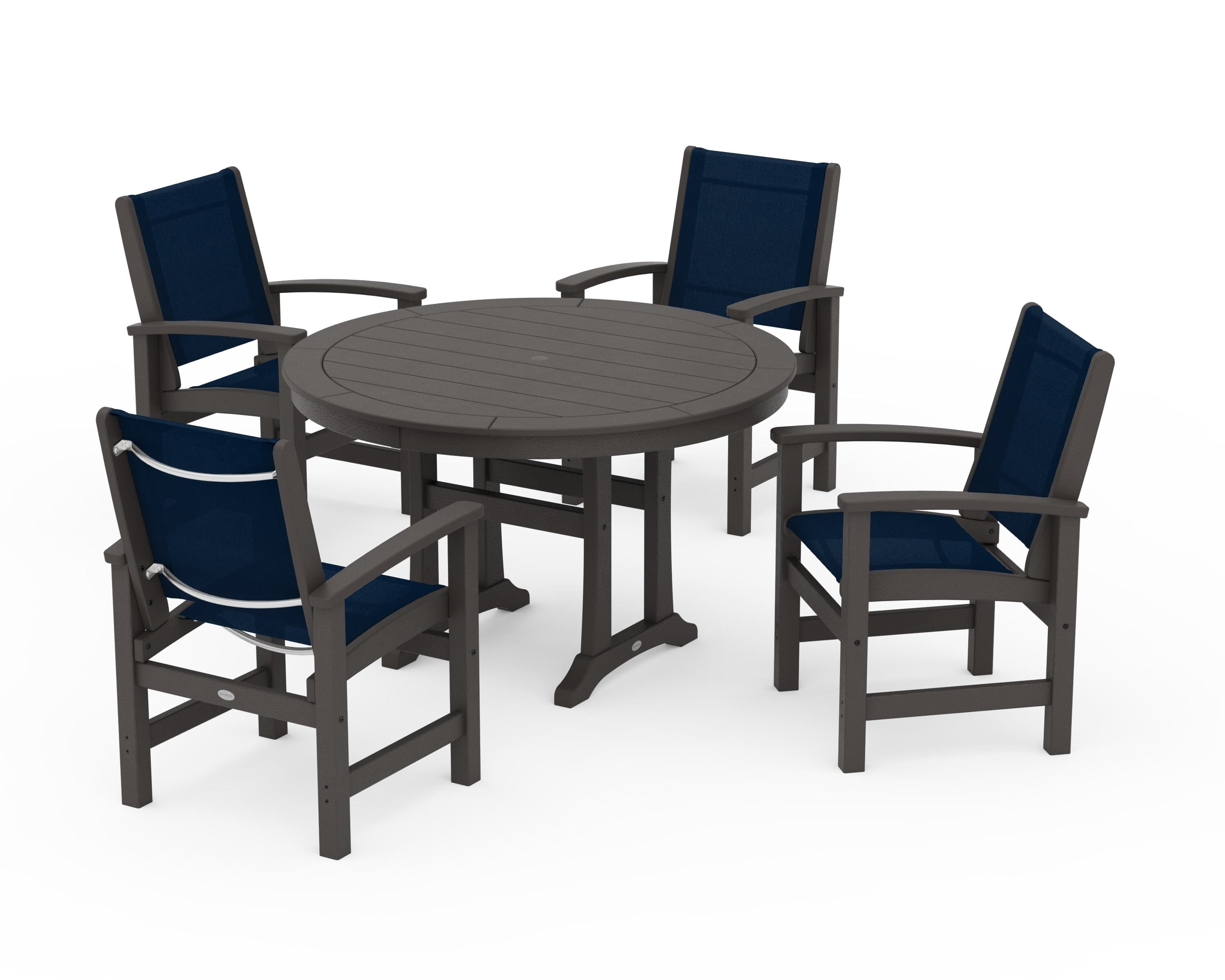POLYWOOD Coastal 5-Piece Round Dining Set with Trestle Legs in Vintage Coffee / Navy Blue Sling