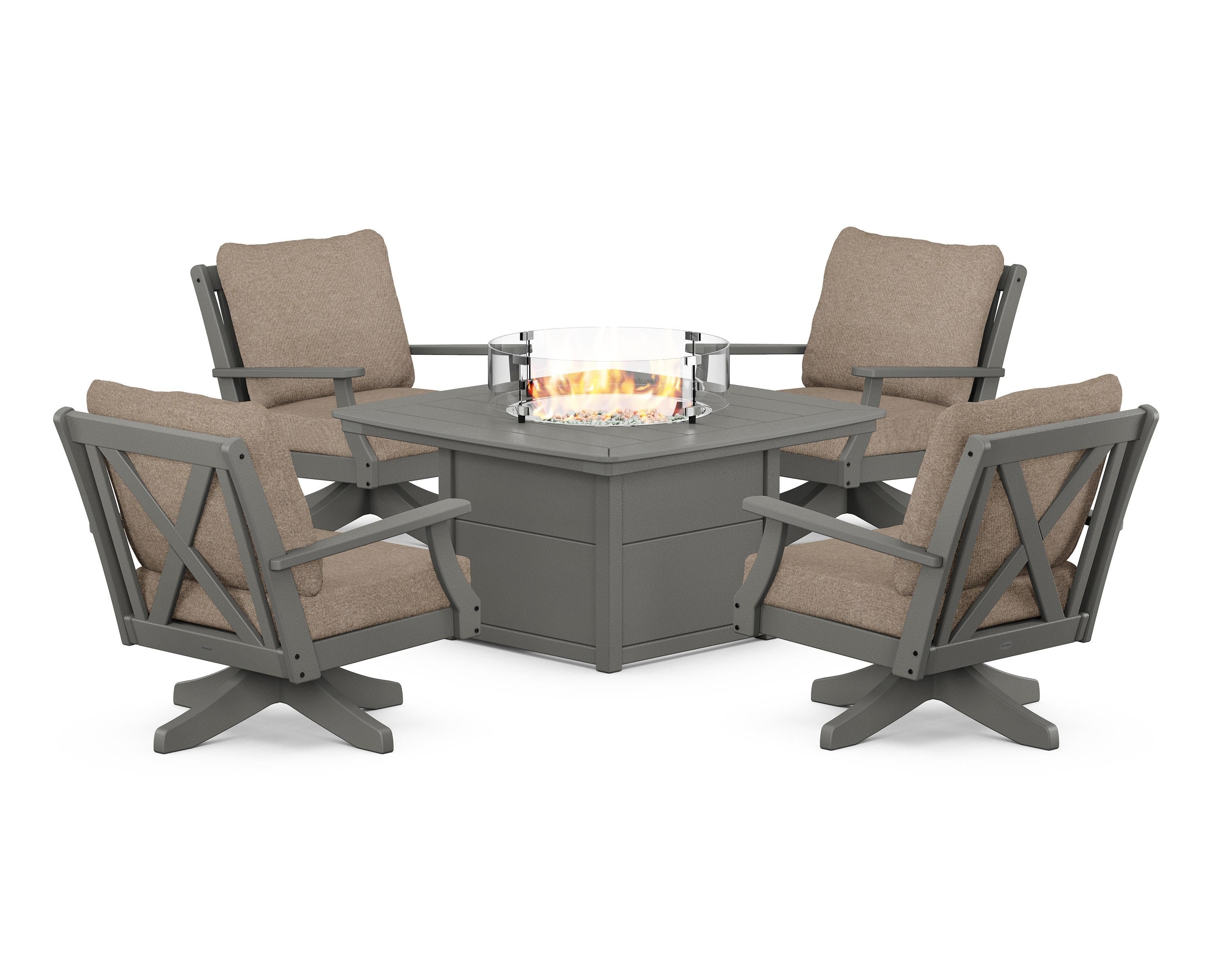 POLYWOOD Braxton 5-Piece Deep Seating Swivel Conversation Set with Fire Pit Table in Slate Grey / Spiced Burlap