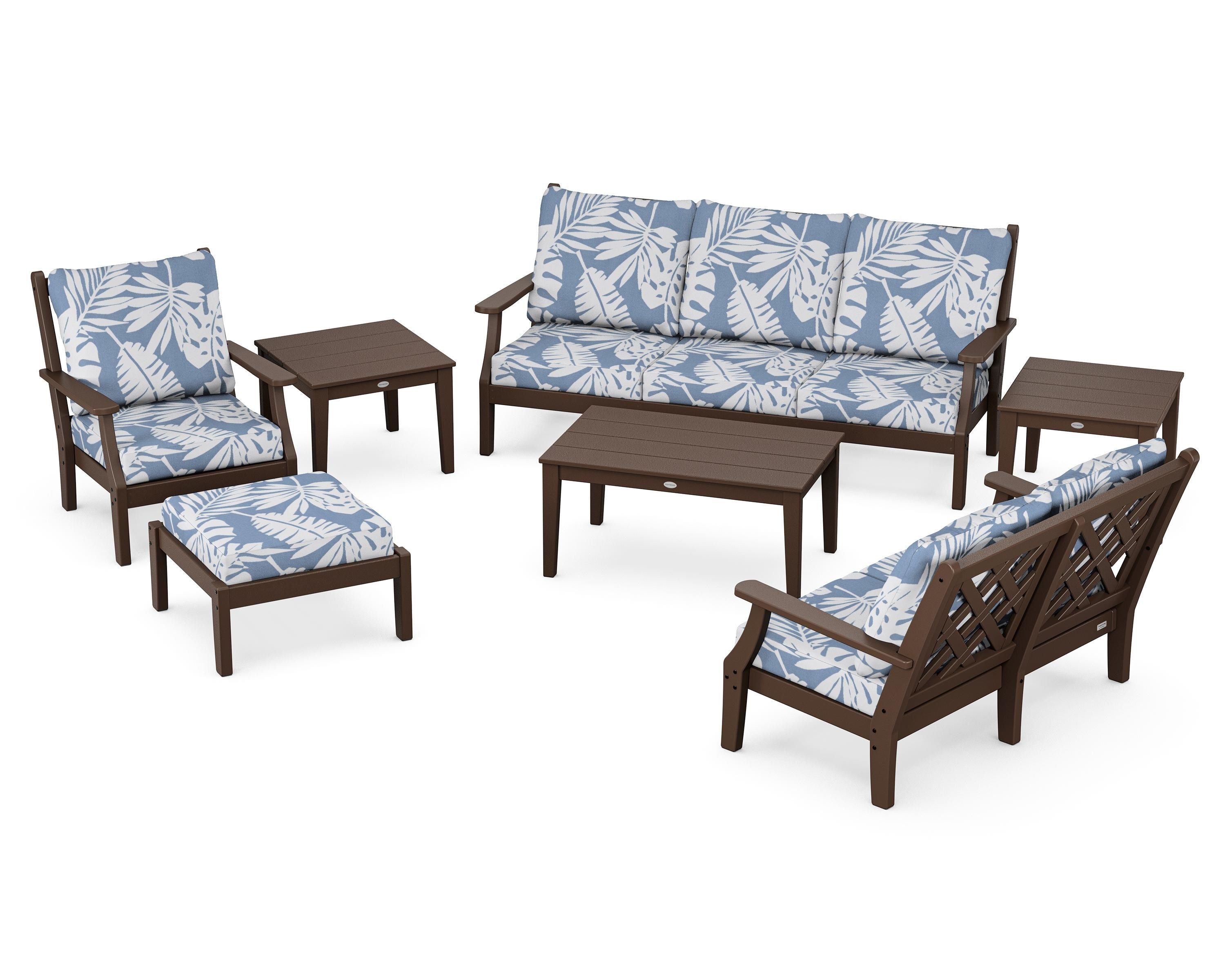 Country Living Wovendale 7-Piece Deep Seating Set in Mahogany / Leaf Sky Blue