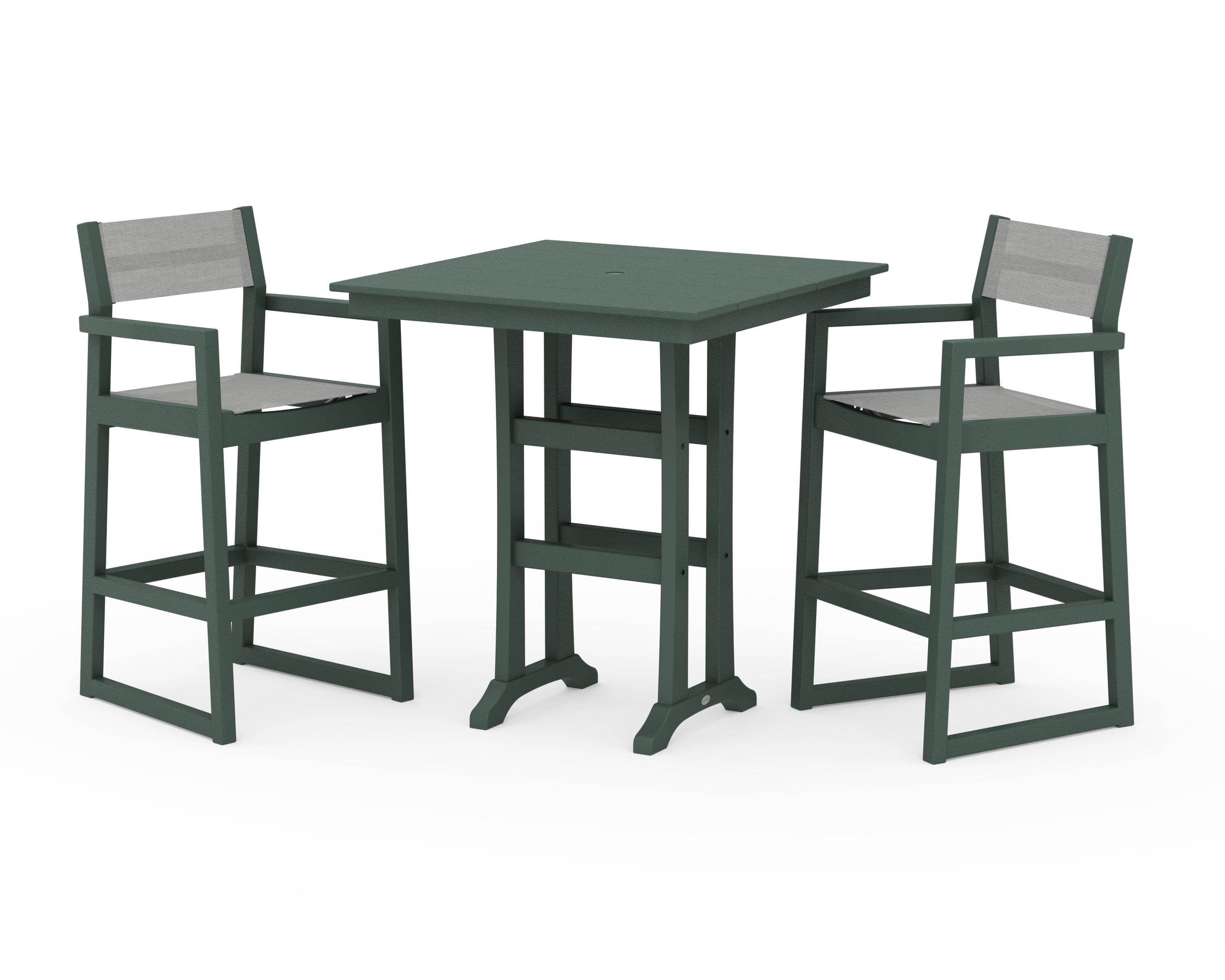 POLYWOOD EDGE Sling Arm Chair 3-Piece Farmhouse Bar Set with Trestle Legs in Green / Metallic Sling