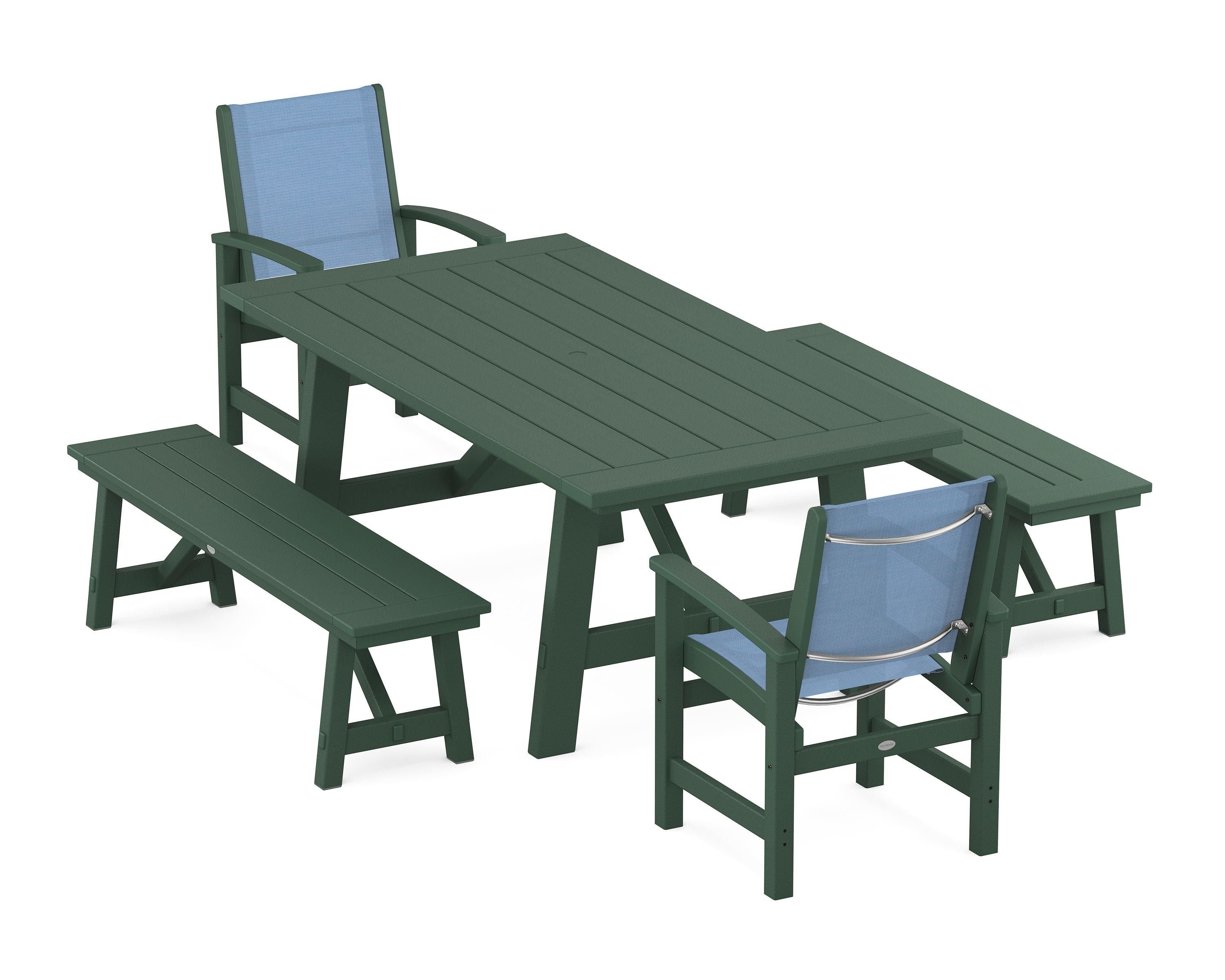 POLYWOOD Coastal 5-Piece Rustic Farmhouse Dining Set With Benches in Green / Poolside Sling