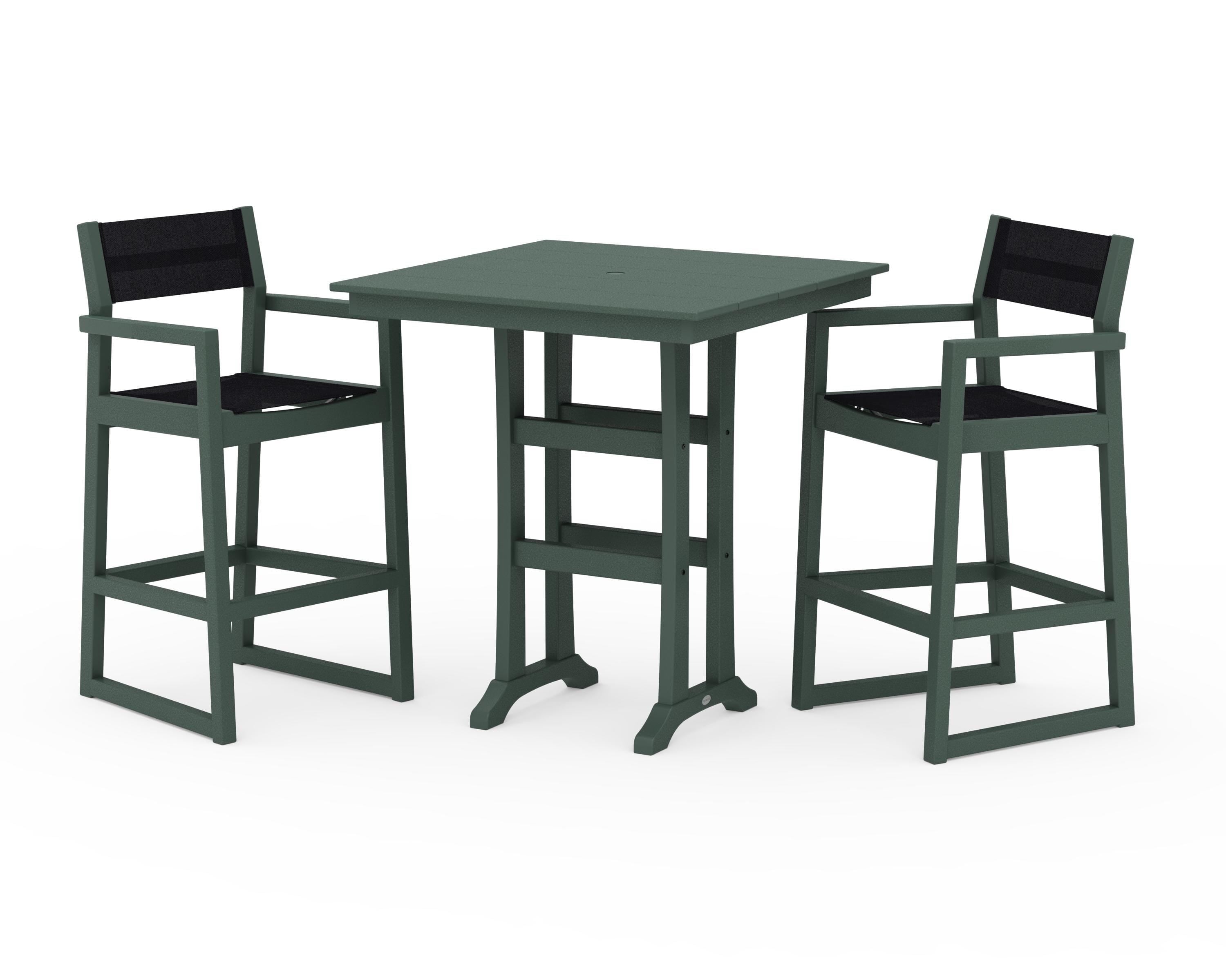 POLYWOOD EDGE Sling Arm Chair 3-Piece Farmhouse Bar Set with Trestle Legs in Green / Black Sling