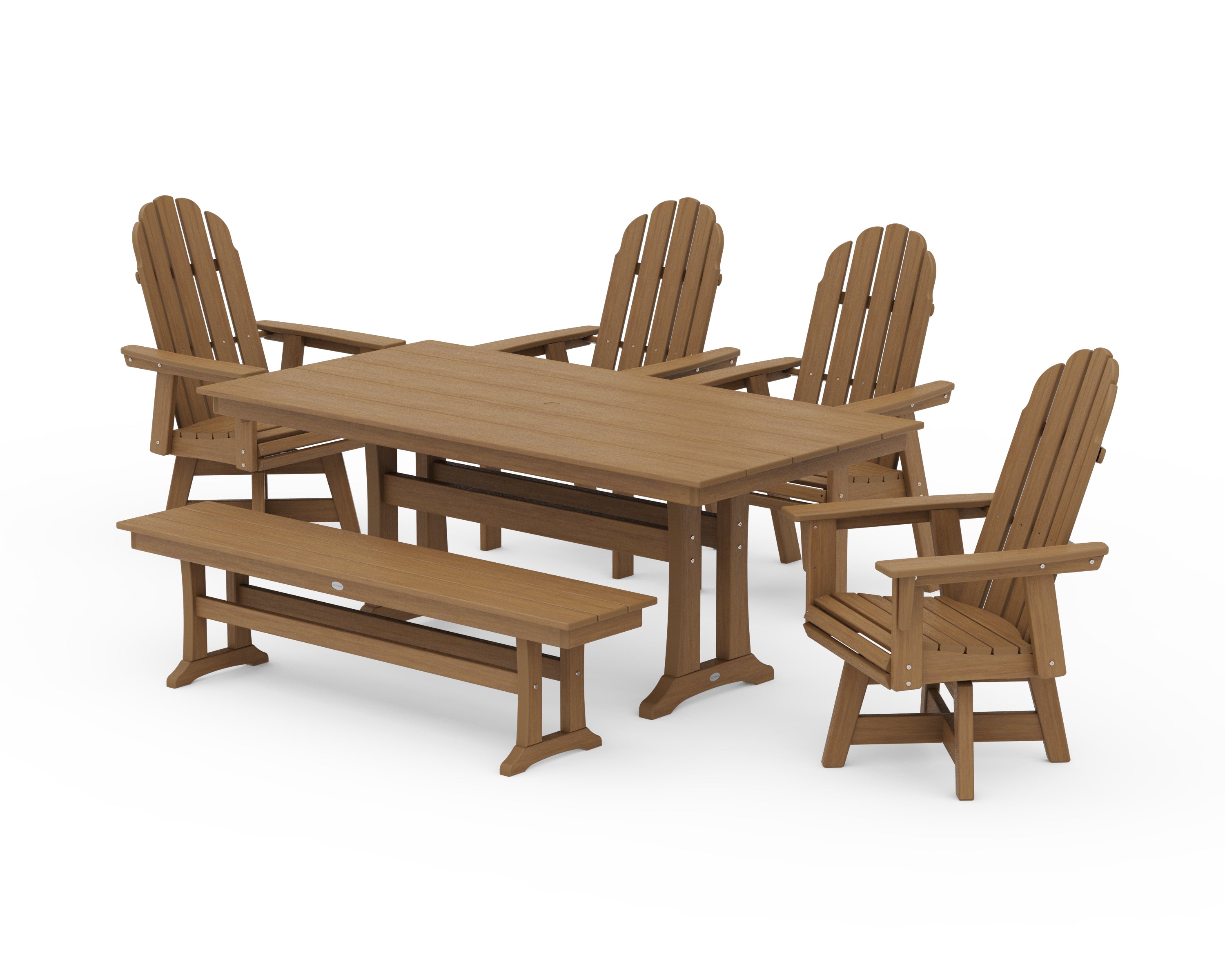 POLYWOOD Vineyard Curveback Adirondack 6-Piece Swivel Chair Farmhouse Dining Set with Trestle Legs and Bench in Natural
