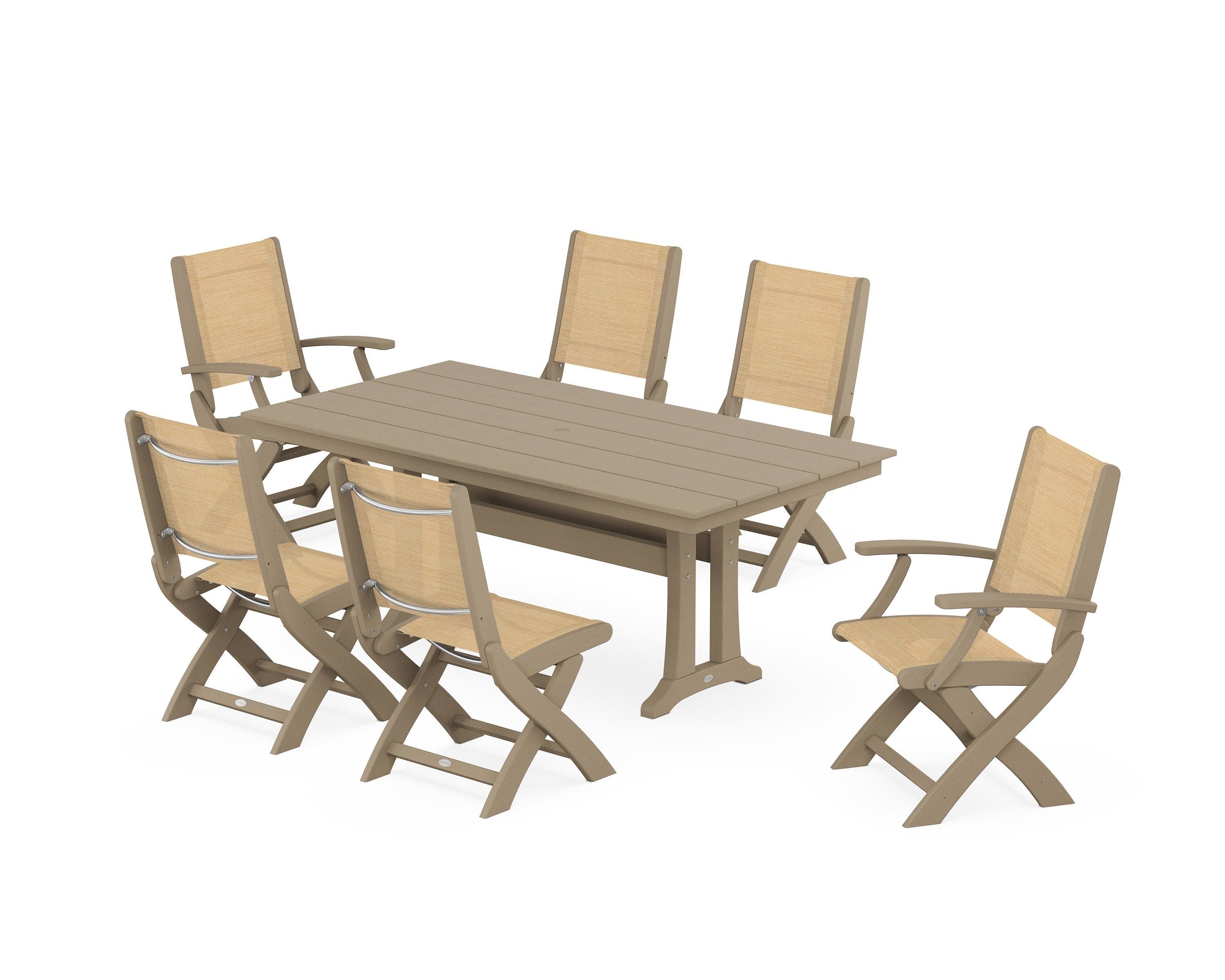 POLYWOOD Coastal Folding Chair 7-Piece Farmhouse Dining Set with Trestle Legs in Vintage Sahara / Dupioni Apricot Sling