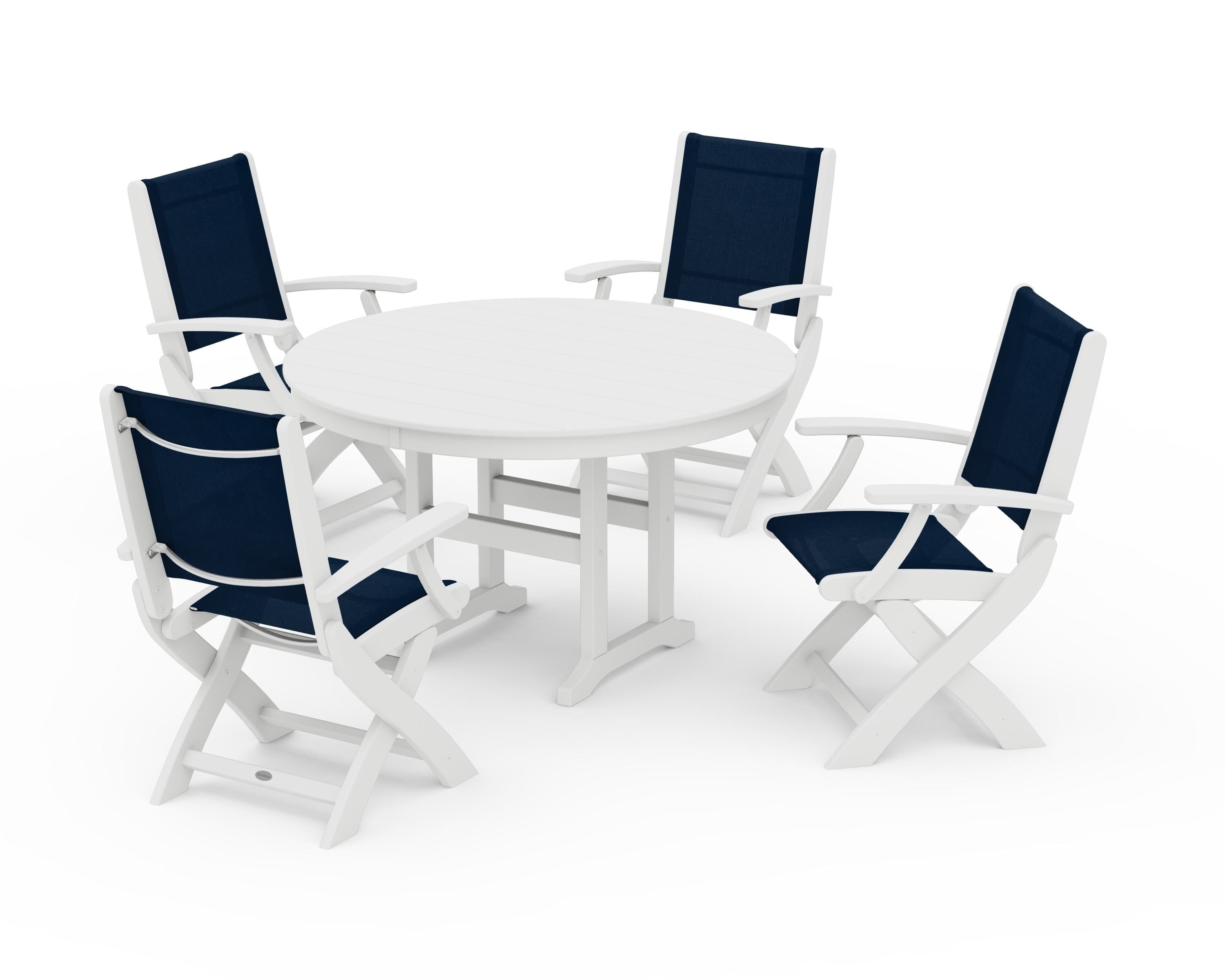 POLYWOOD Coastal Folding Chair 5-Piece Round Dining Set in White / Navy Blue Sling