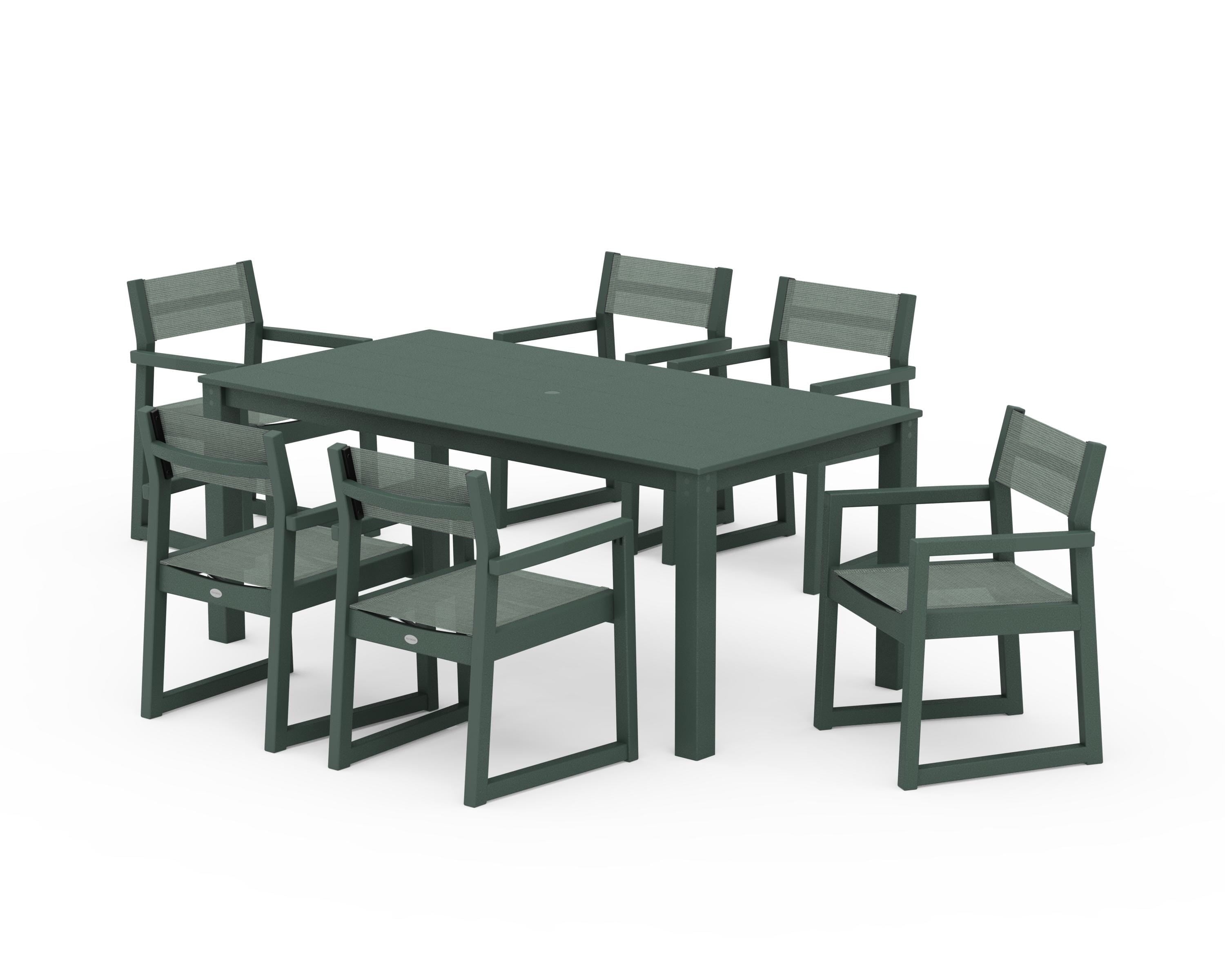 POLYWOOD EDGE Sling Arm Chair 7-Piece Parsons Dining Set in Green / Dupioni Sea Mist Sling