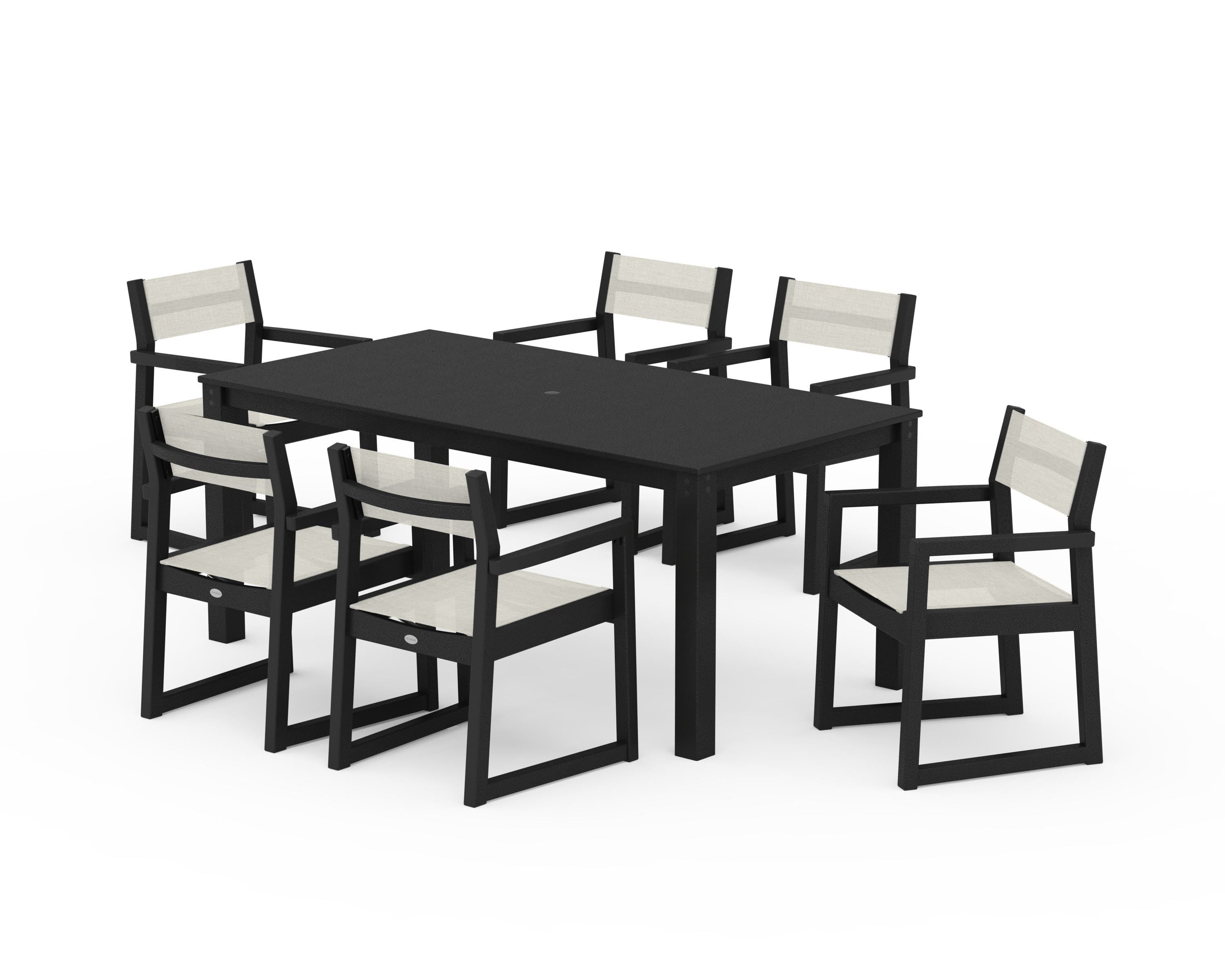 POLYWOOD EDGE Sling Arm Chair 7-Piece Parsons Dining Set in Black / Parchment Sling