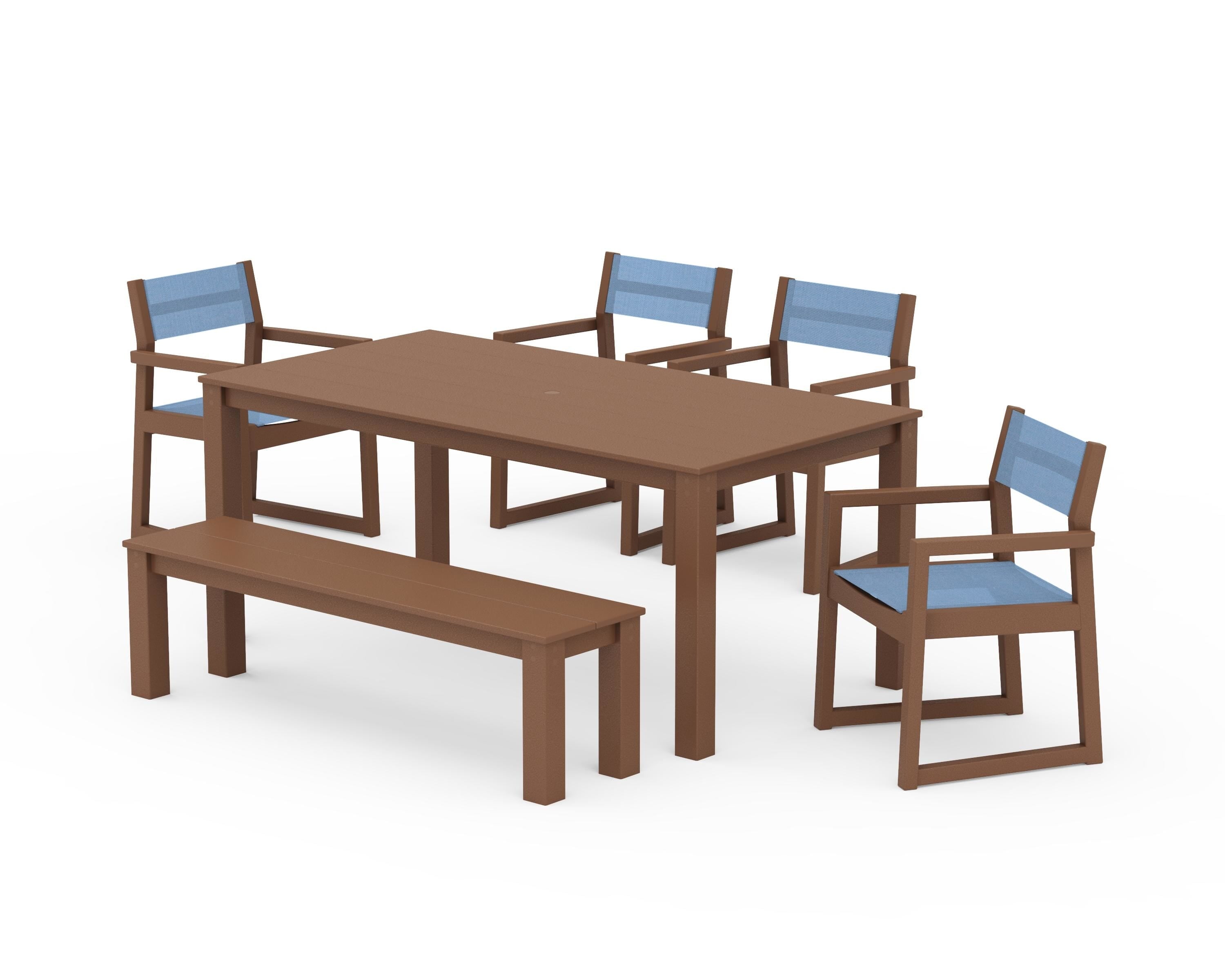 POLYWOOD EDGE Sling Arm Chair 6-Piece Parsons Dining Set with Bench in Teak / Poolside Sling