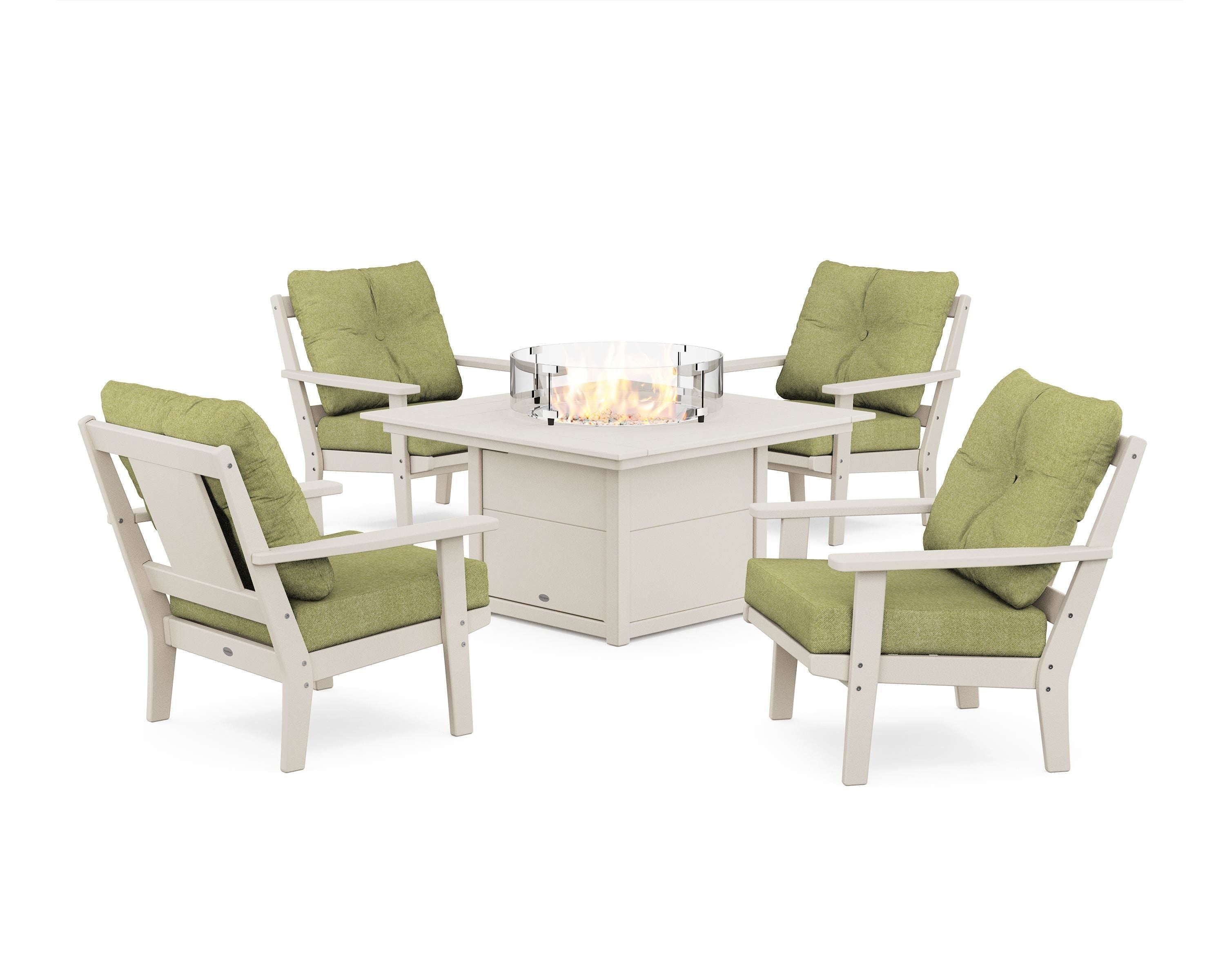 POLYWOOD Prairie 5-Piece Deep Seating Set with Fire Pit Table in Sand / Chartreuse Boucle