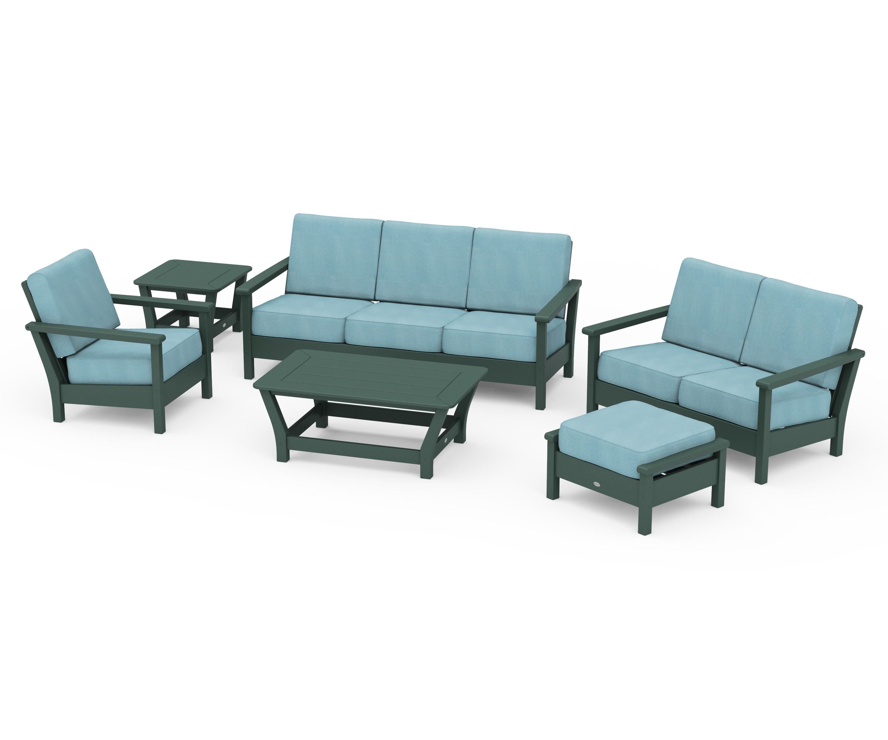 POLYWOOD Harbour 6-Piece Outdoor Living Set in Green / Lattice Sky Blue