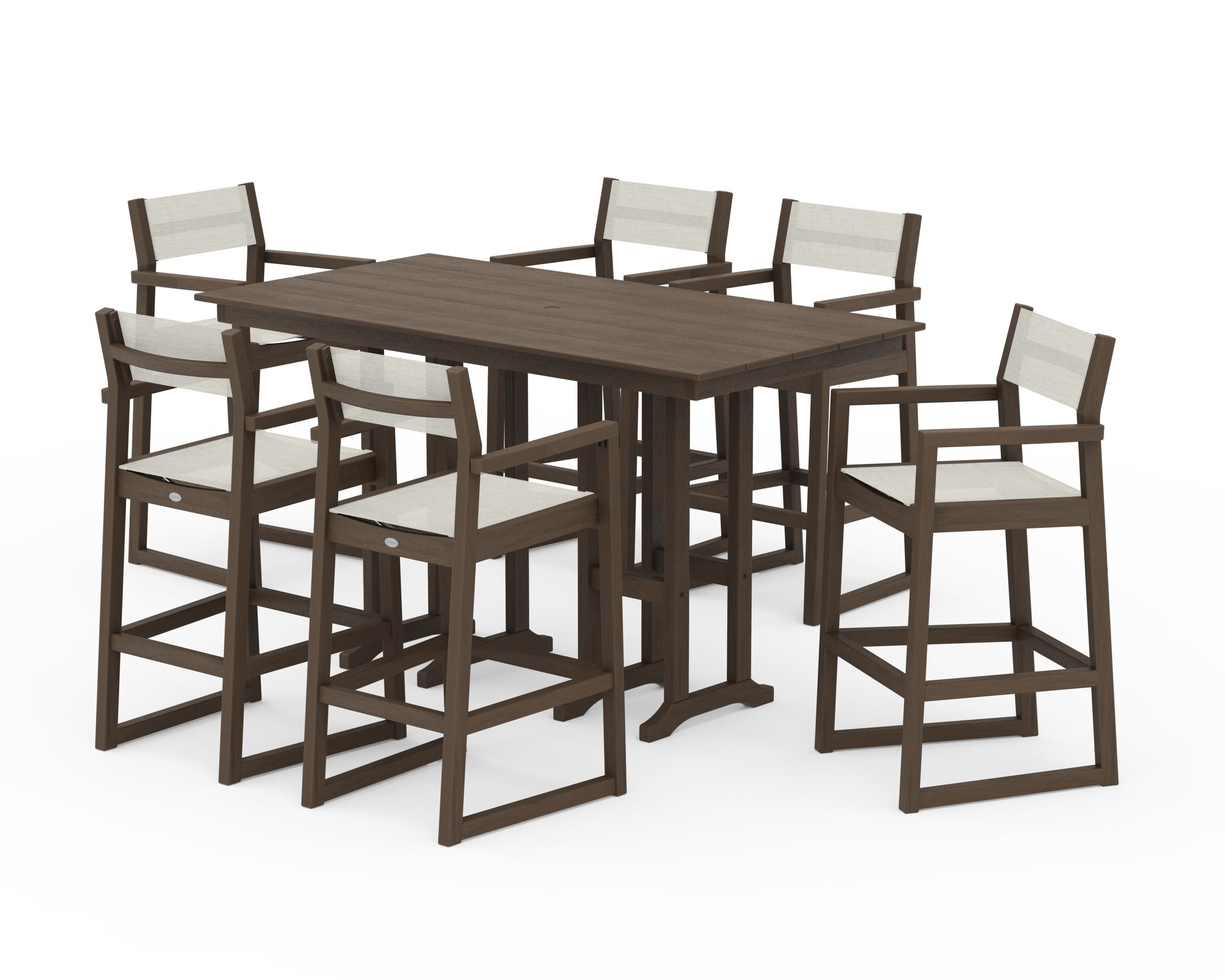 POLYWOOD EDGE Sling Arm Chair 7-Piece Farmhouse Bar Set in Kona / Parchment Sling