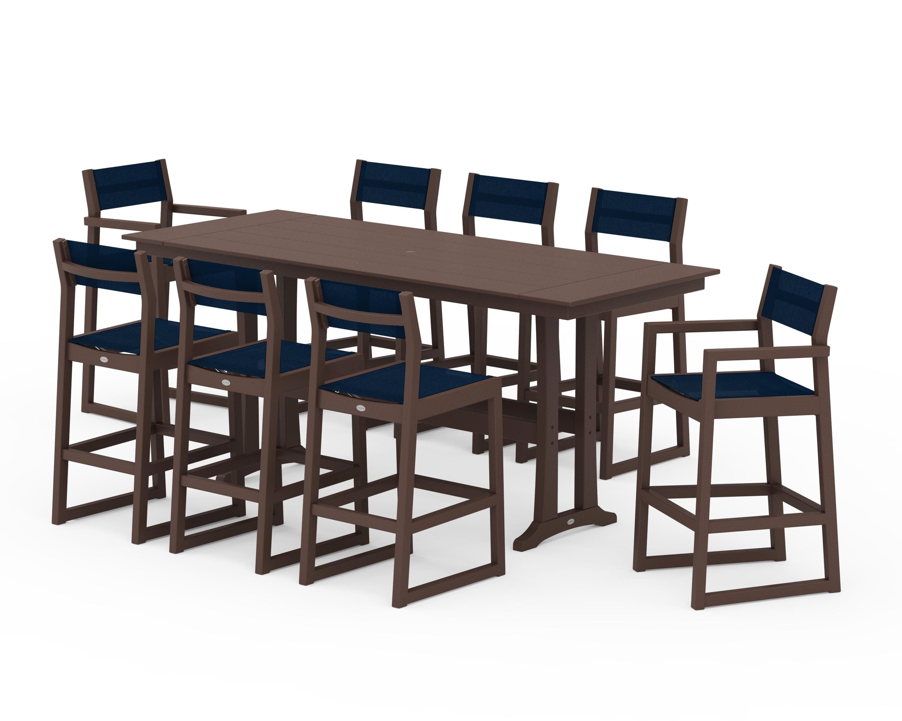 POLYWOOD EDGE Sling 9-Piece Farmhouse Bar Set with Trestle Legs in Mahogany / Navy Blue Sling