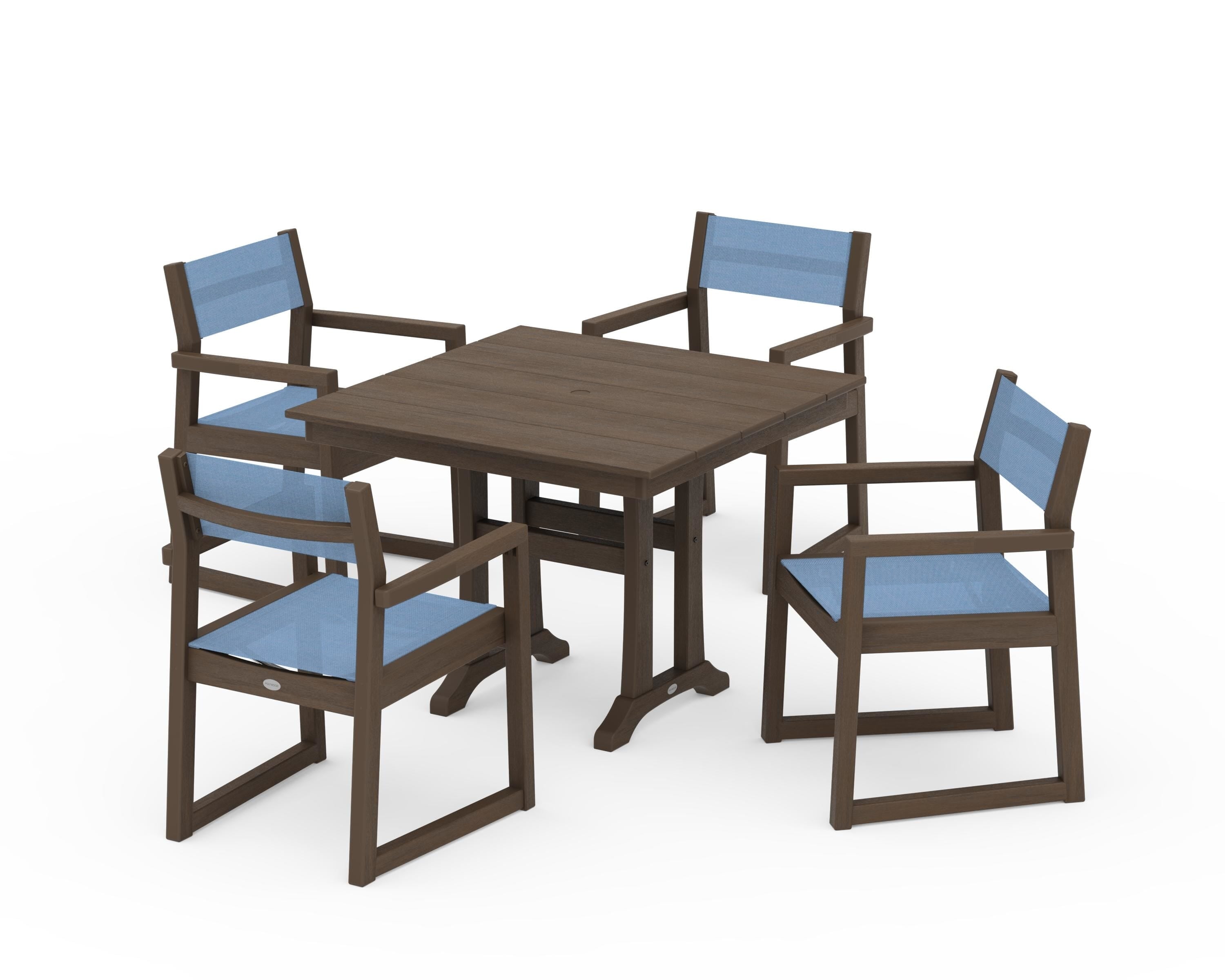 POLYWOOD EDGE Sling 5-Piece Farmhouse Dining Set with Trestle Legs in Kona / Poolside Sling