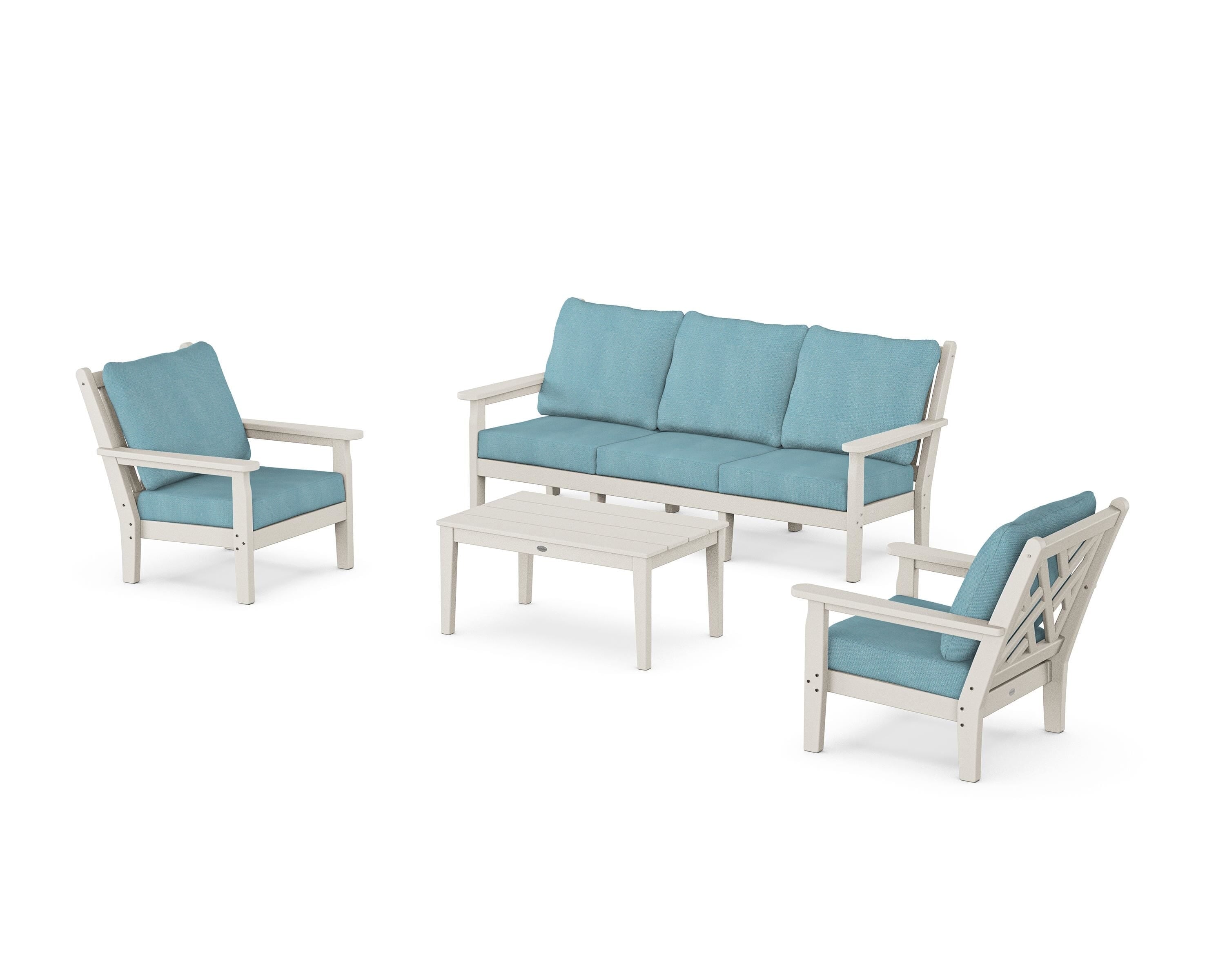 POLYWOOD Chippendale 4-Piece Deep Seating Set with Sofa in Sand / Lattice Sky Blue