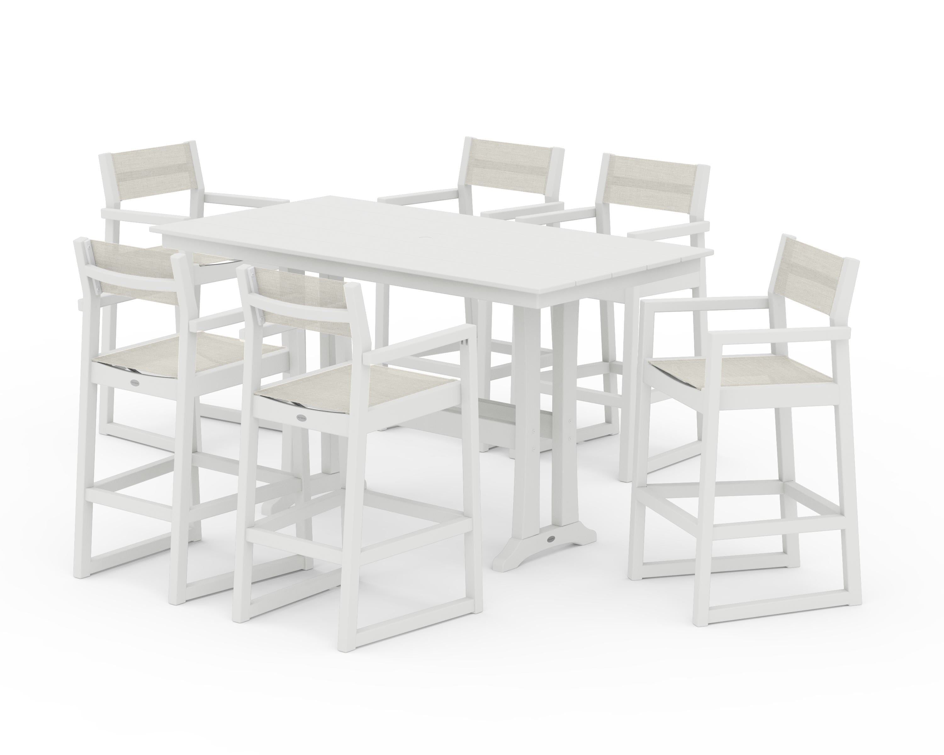 POLYWOOD EDGE Sling Arm Chair 7-Piece Farmhouse Bar Set with Trestle Legs in Vintage White / Parchment Sling