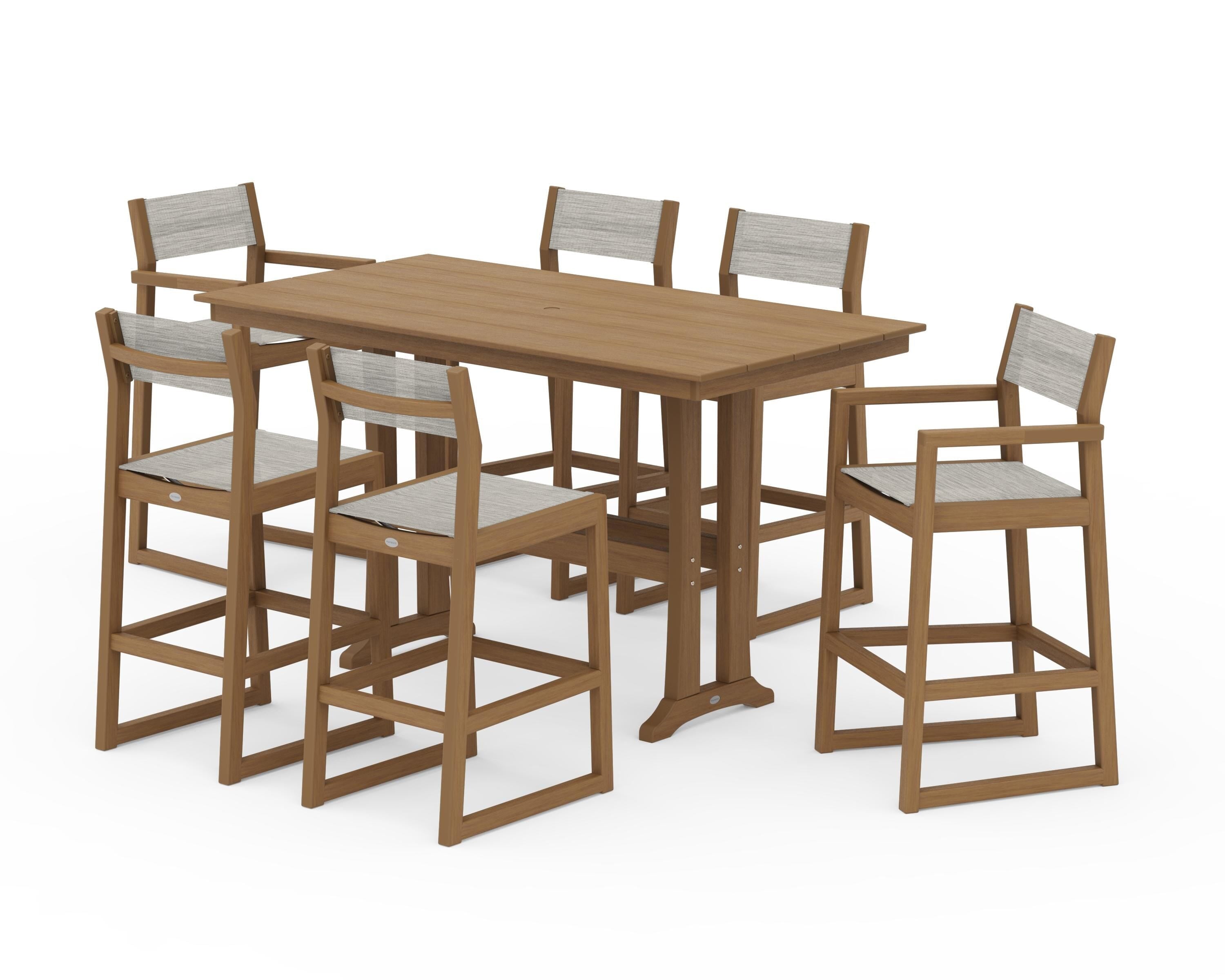 POLYWOOD EDGE Sling 7-Piece Farmhouse Bar Set with Trestle Legs in Natural / Birch Sling