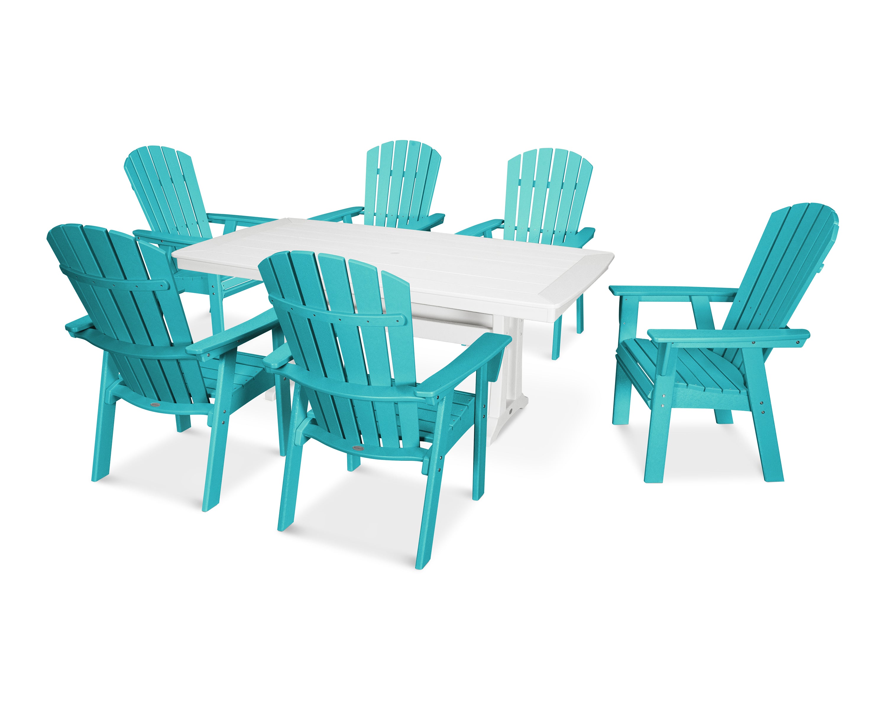 POLYWOOD Nautical Curveback Adirondack 7-Piece Dining Set with Trestle Legs in Aruba / White