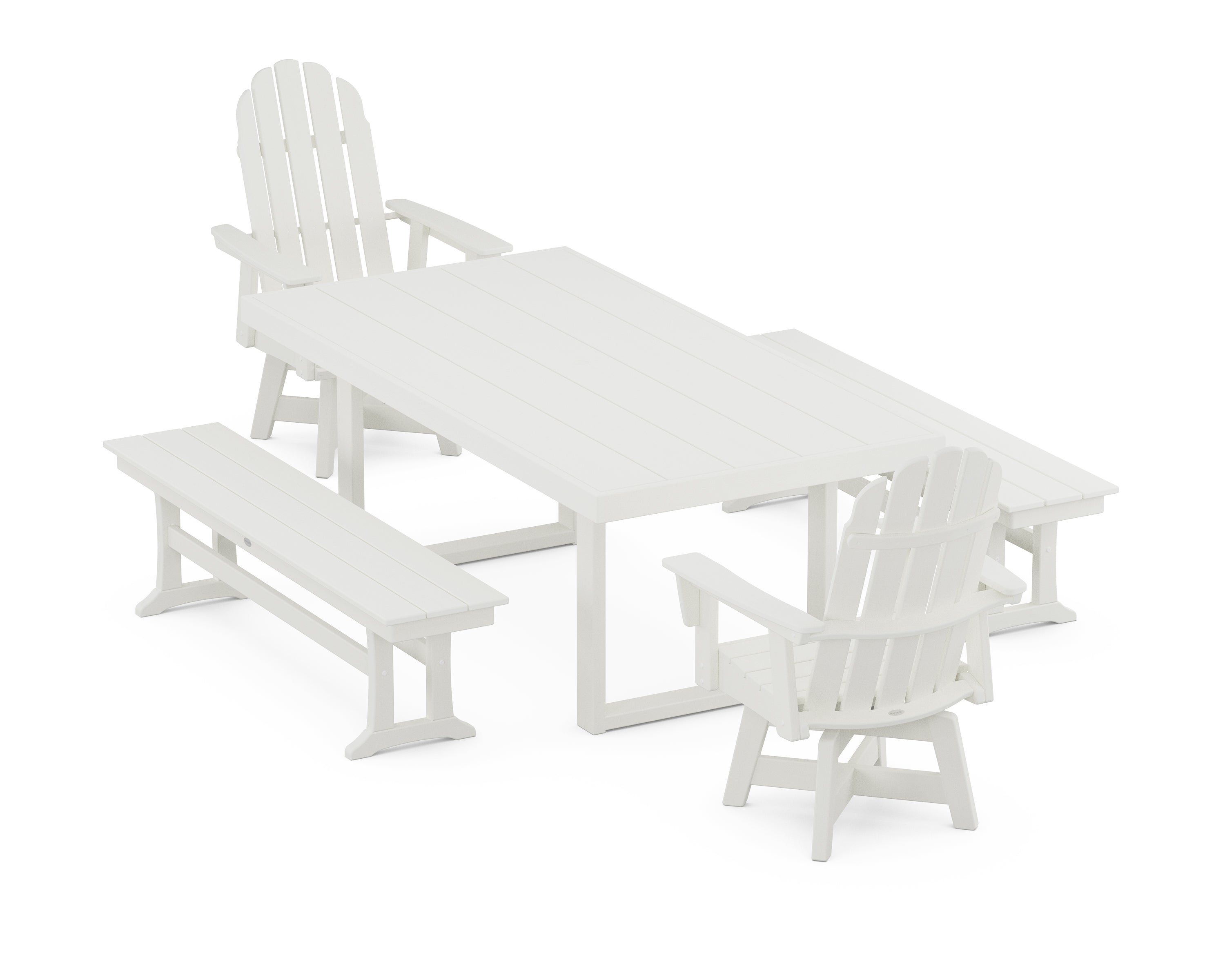POLYWOOD® Vineyard Curveback Adirondack Swivel Chair 5-Piece Dining Set with Benches in Vintage White
