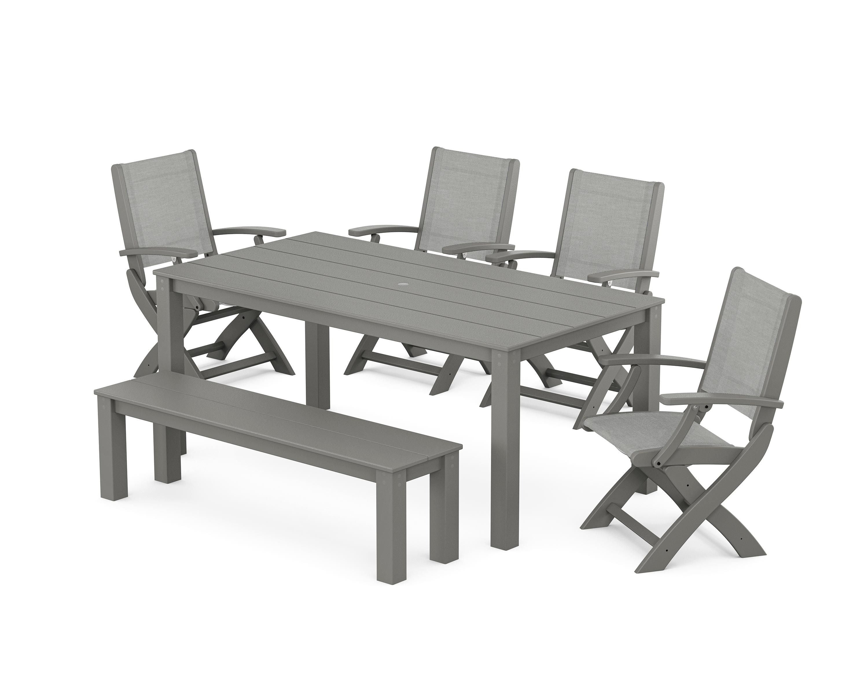 POLYWOOD Coastal Folding Chair 6-Piece Parsons Dining Set with Bench in Slate Grey / Metallic Sling