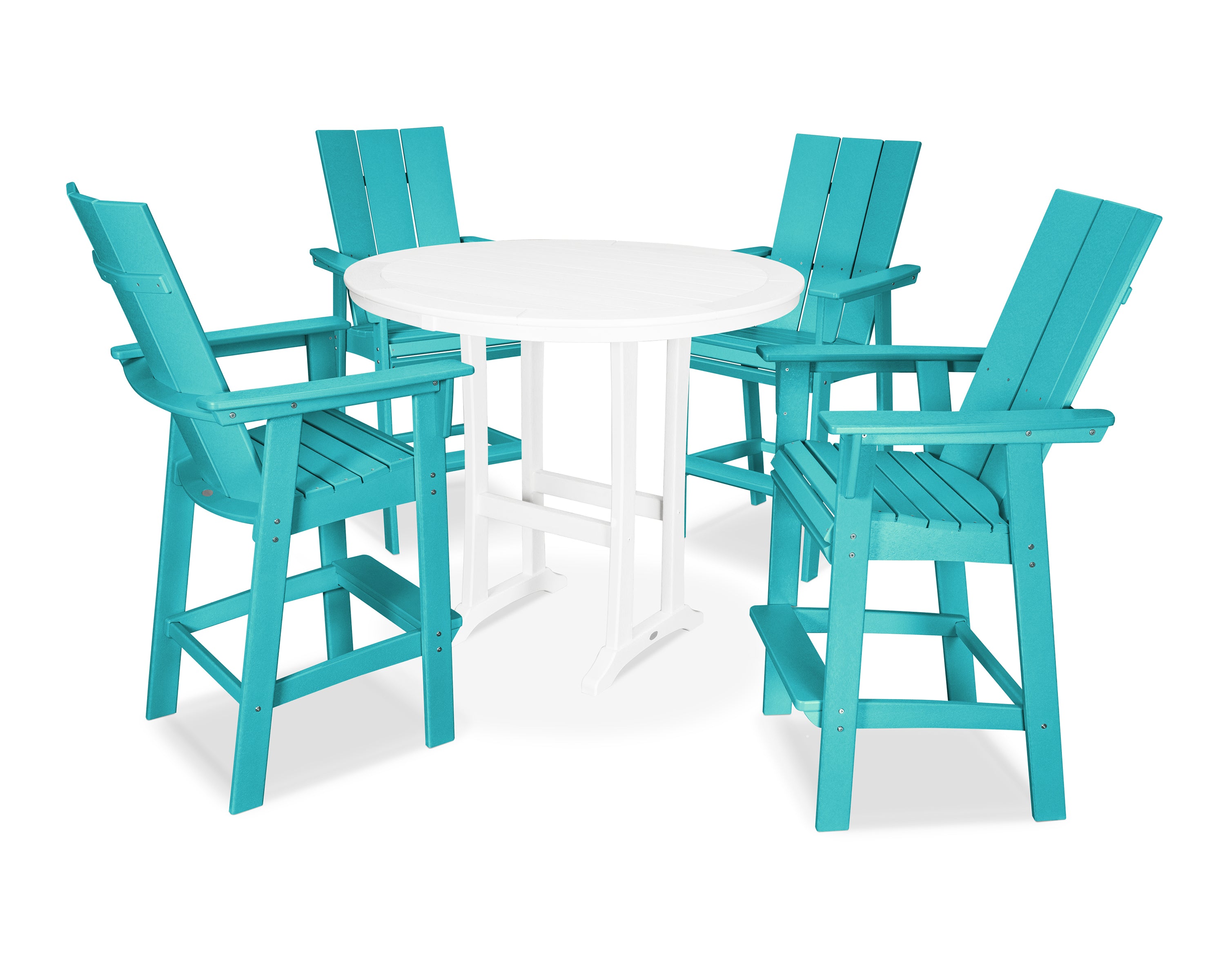 POLYWOOD® Modern Curveback Adirondack 5-Piece Nautical Trestle Bar Set in Aruba / White