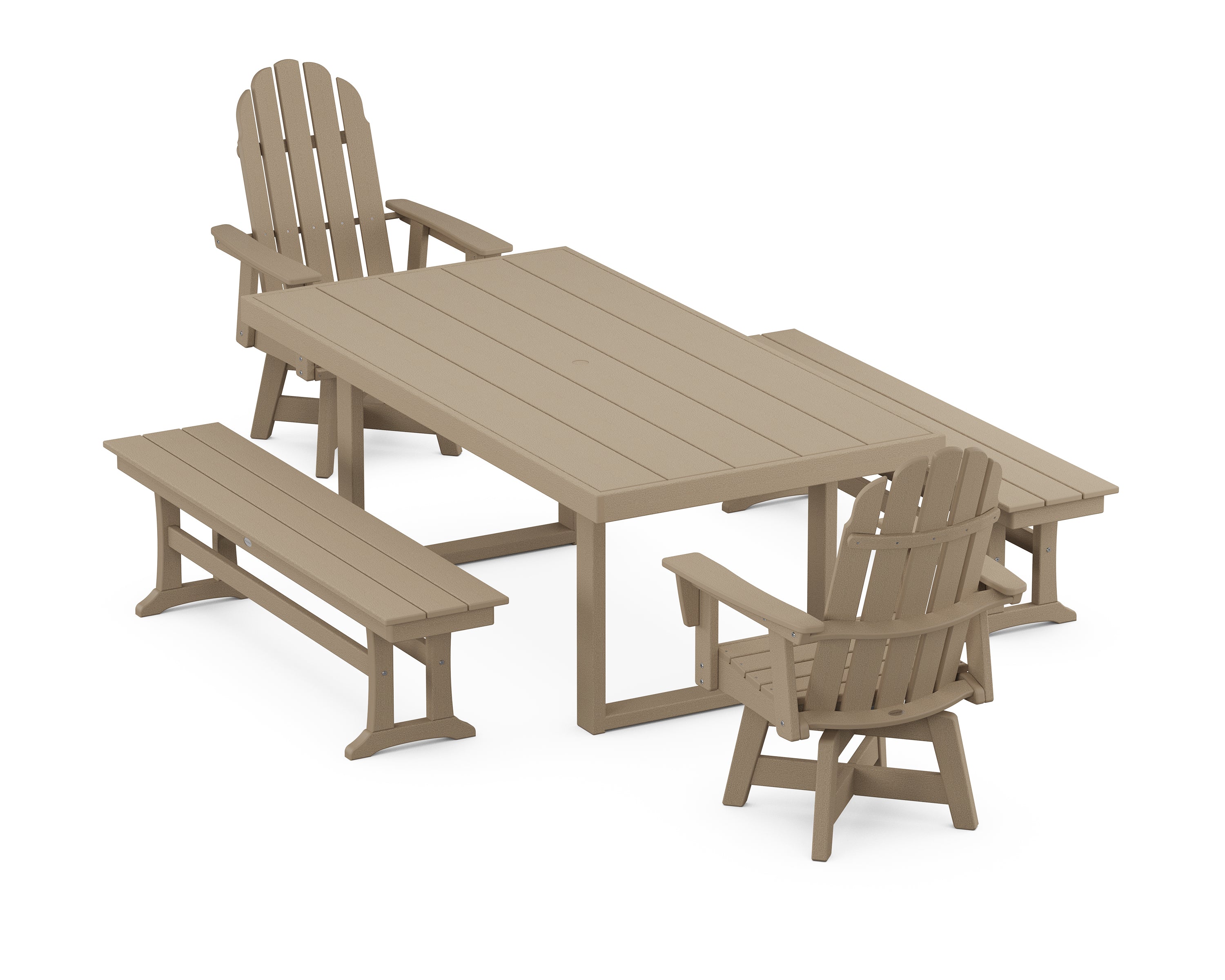 POLYWOOD® Vineyard Curveback Adirondack Swivel Chair 5-Piece Dining Set with Benches in Vintage Sahara