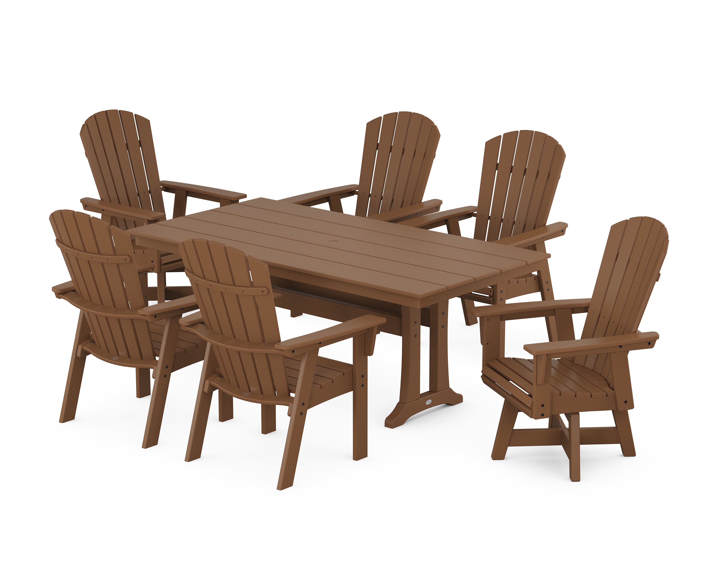 POLYWOOD® Nautical Curveback Adirondack Swivel Chair 7-Piece Farmhouse Dining Set With Trestle Legs in Teak