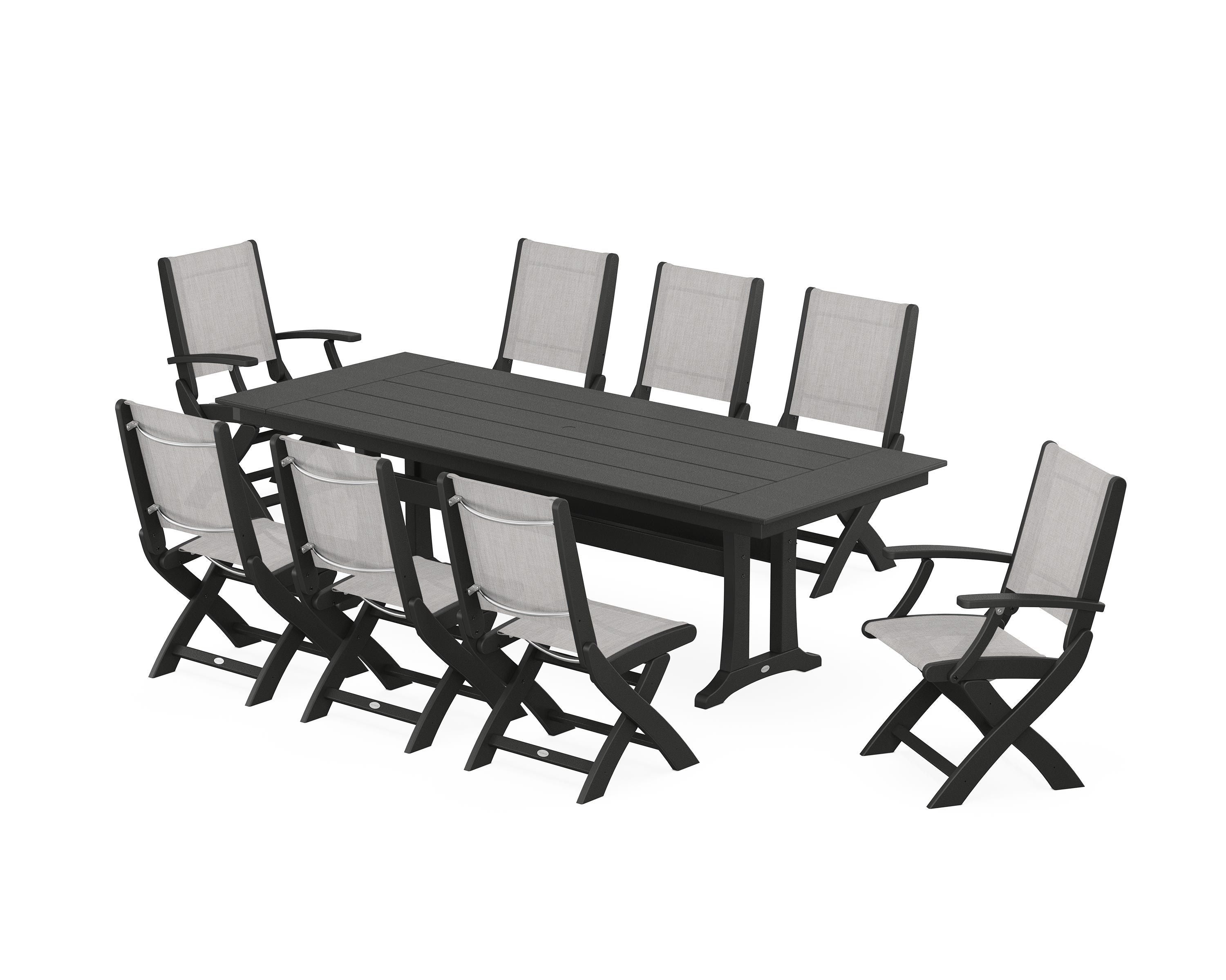 POLYWOOD Coastal 9-Piece Folding Dining Chair Farmhouse Dining Set with Trestle Legs in Black / Parchment Sling