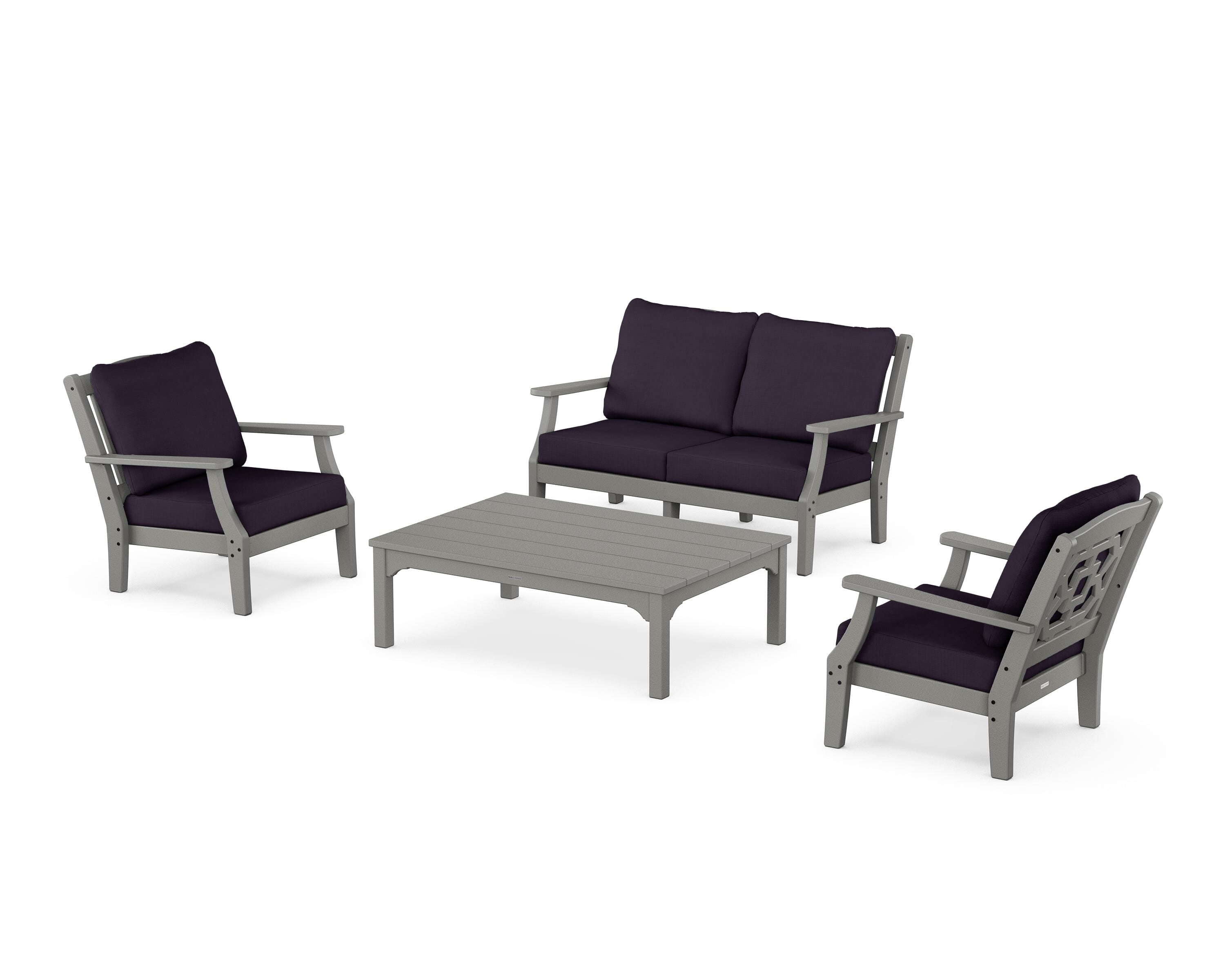 Martha Stewart by POLYWOOD Chinoiserie 4-Piece Deep Seating Set with Loveseat in Slate Grey / Navy Linen