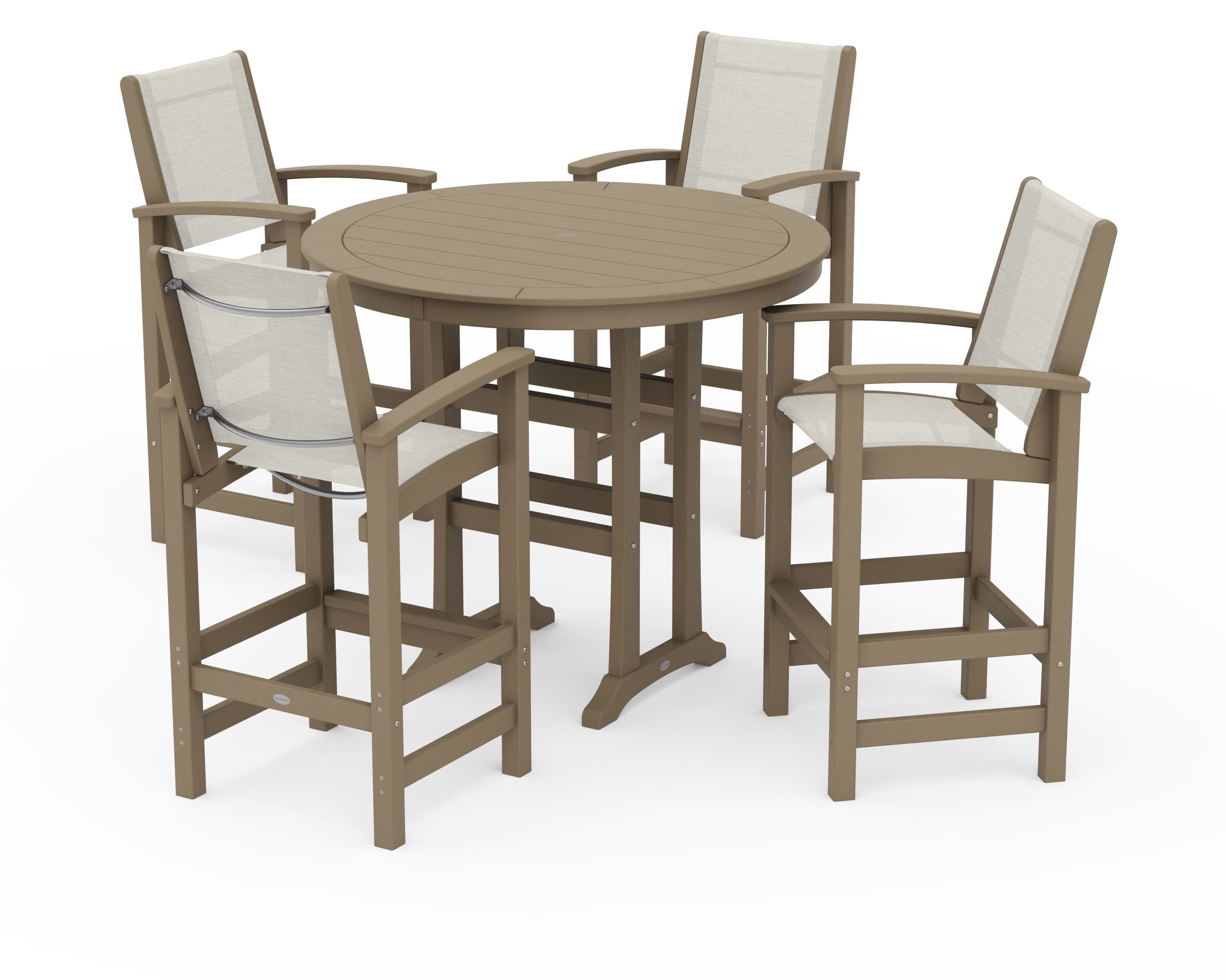 POLYWOOD Coastal 5-Piece Nautical Trestle Bar Set in Vintage Sahara / Parchment Sling