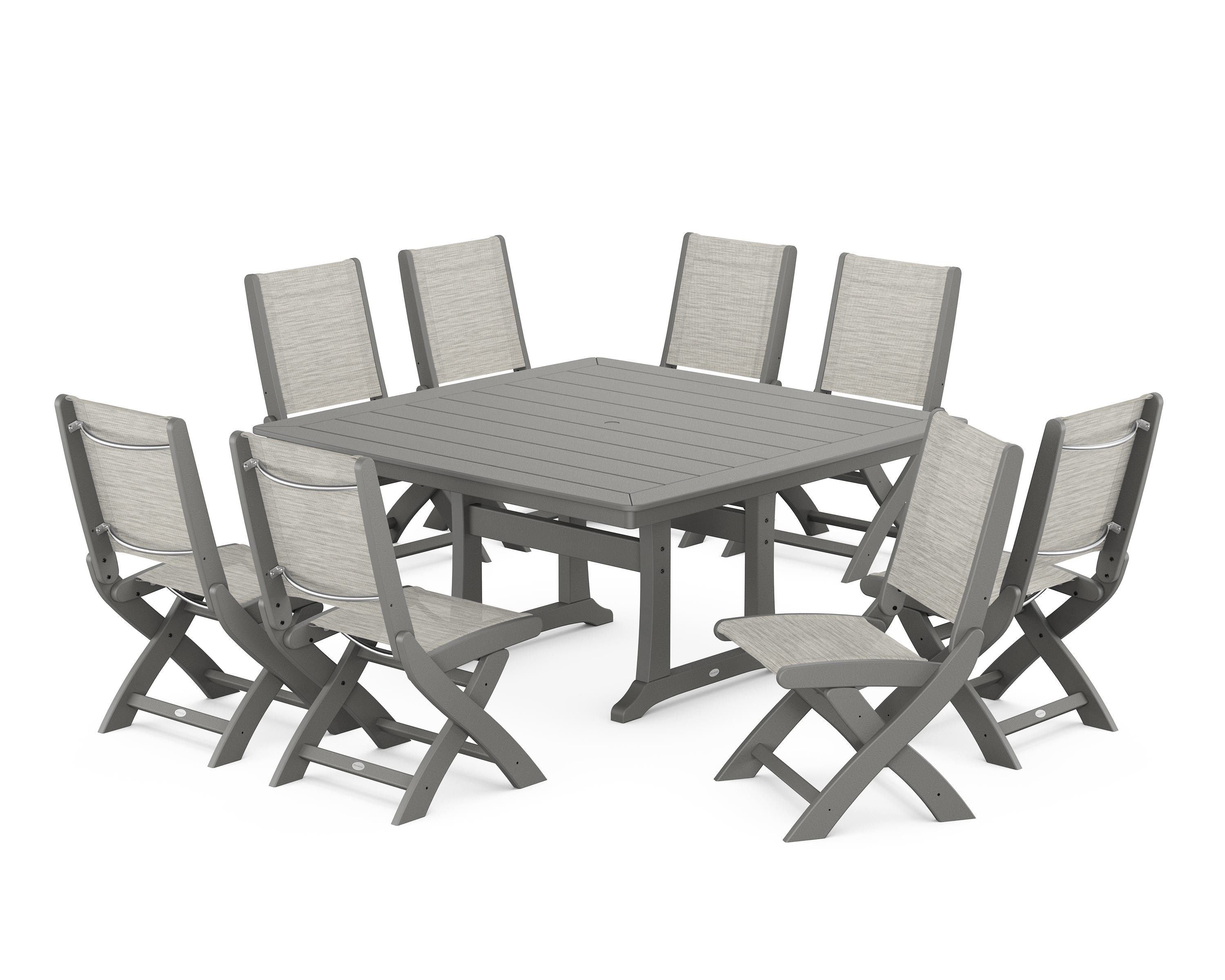 POLYWOOD Coastal Folding Side Chair 9-Piece Dining Set with Trestle Legs in Slate Grey / Birch Sling