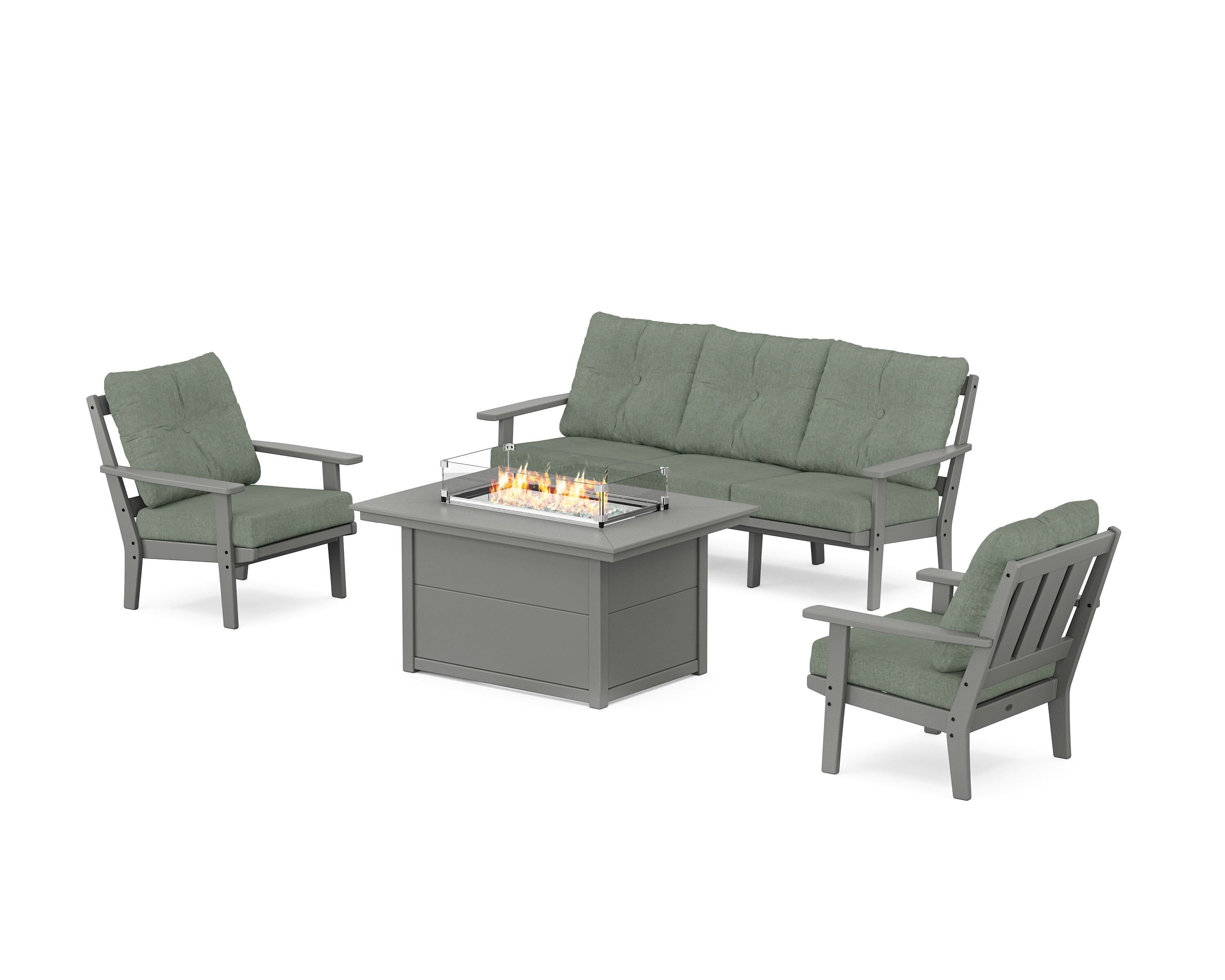POLYWOOD Oxford Deep Seating Fire Pit Table Set in Slate Grey / Cast Sage