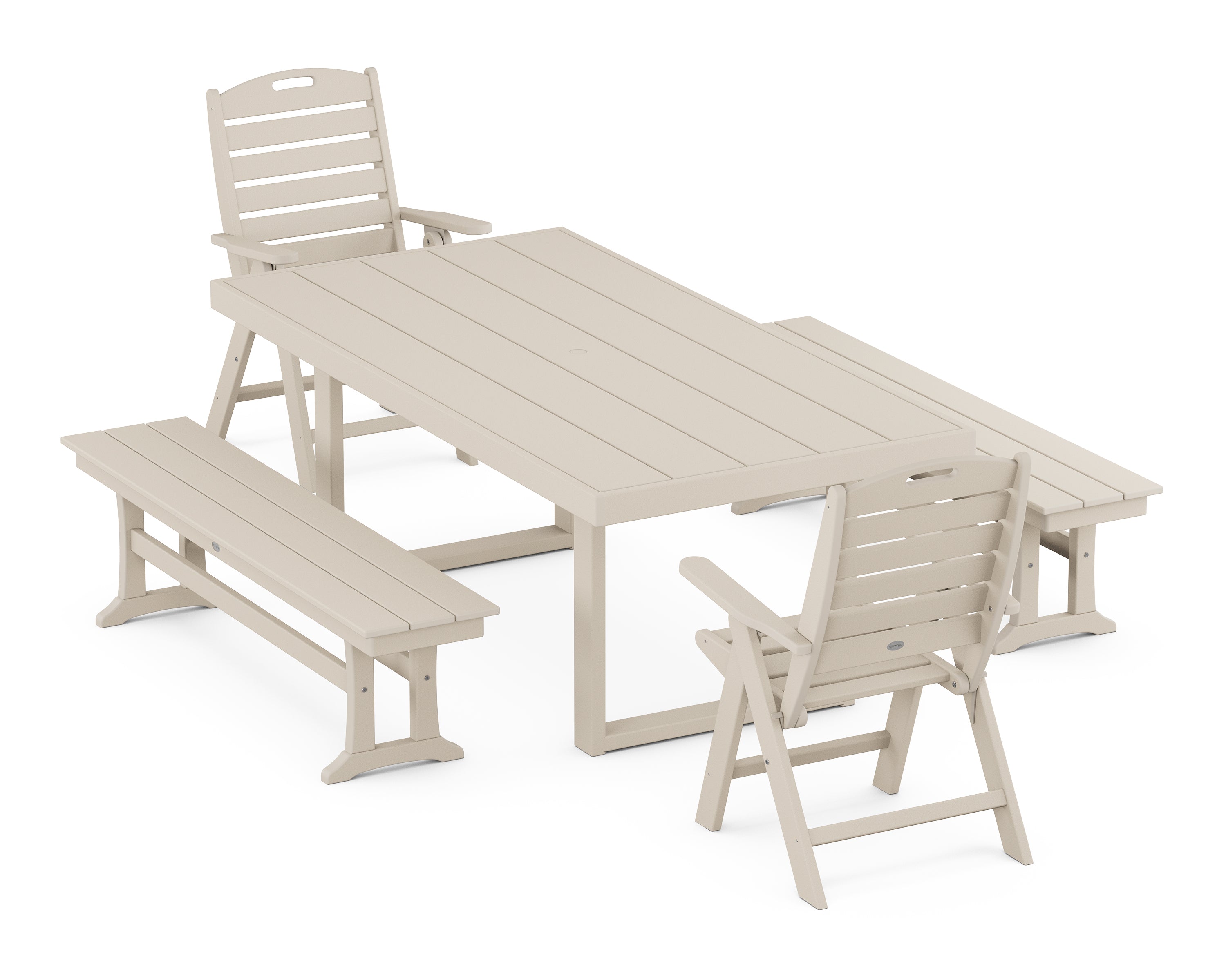 POLYWOOD Nautical Folding Highback 5-Piece Dining Set with Trestle Legs in Sand