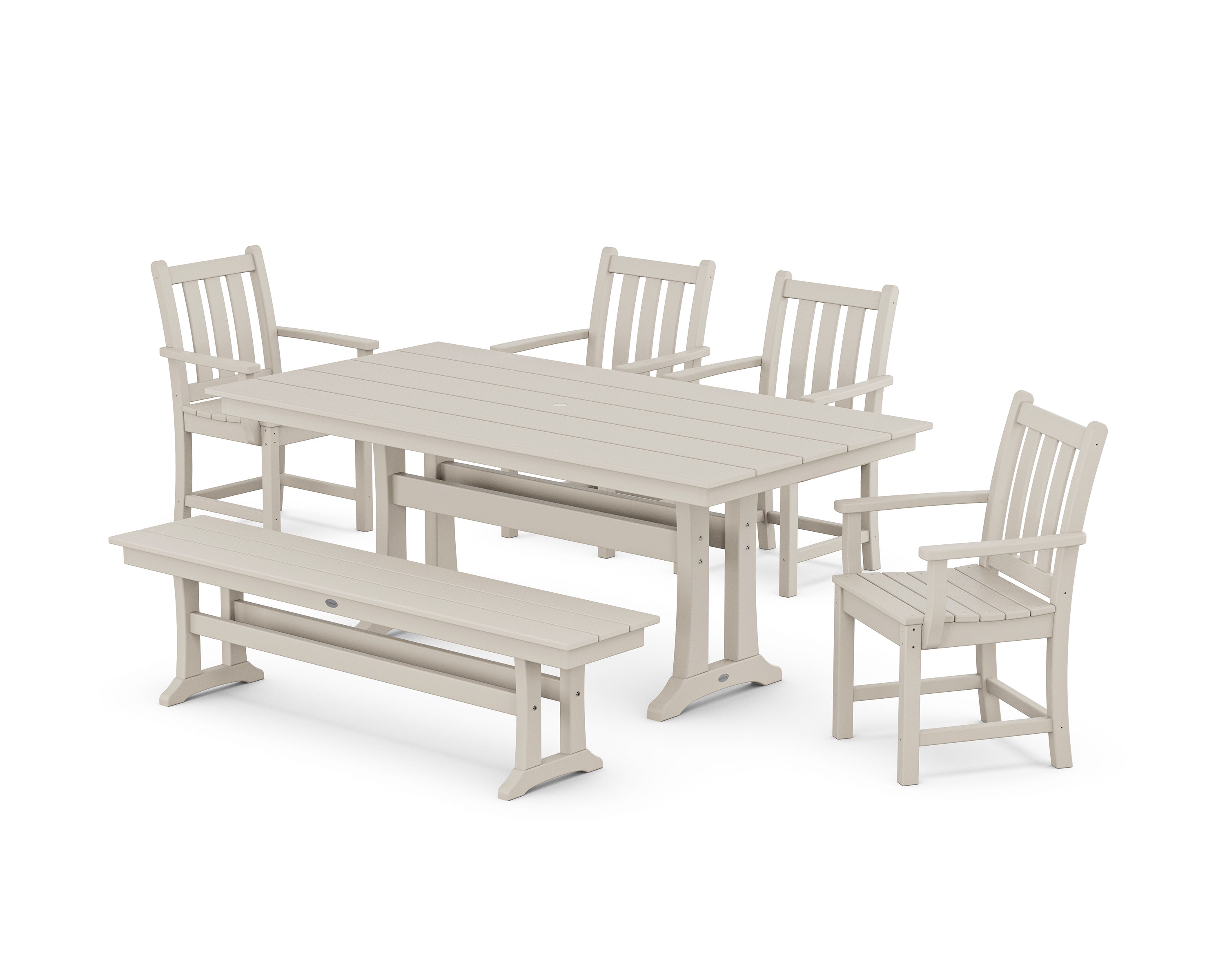 POLYWOOD Traditional Garden Arm Chair 6-Piece Farmhouse Dining Set with Trestle Legs and Bench in Sand