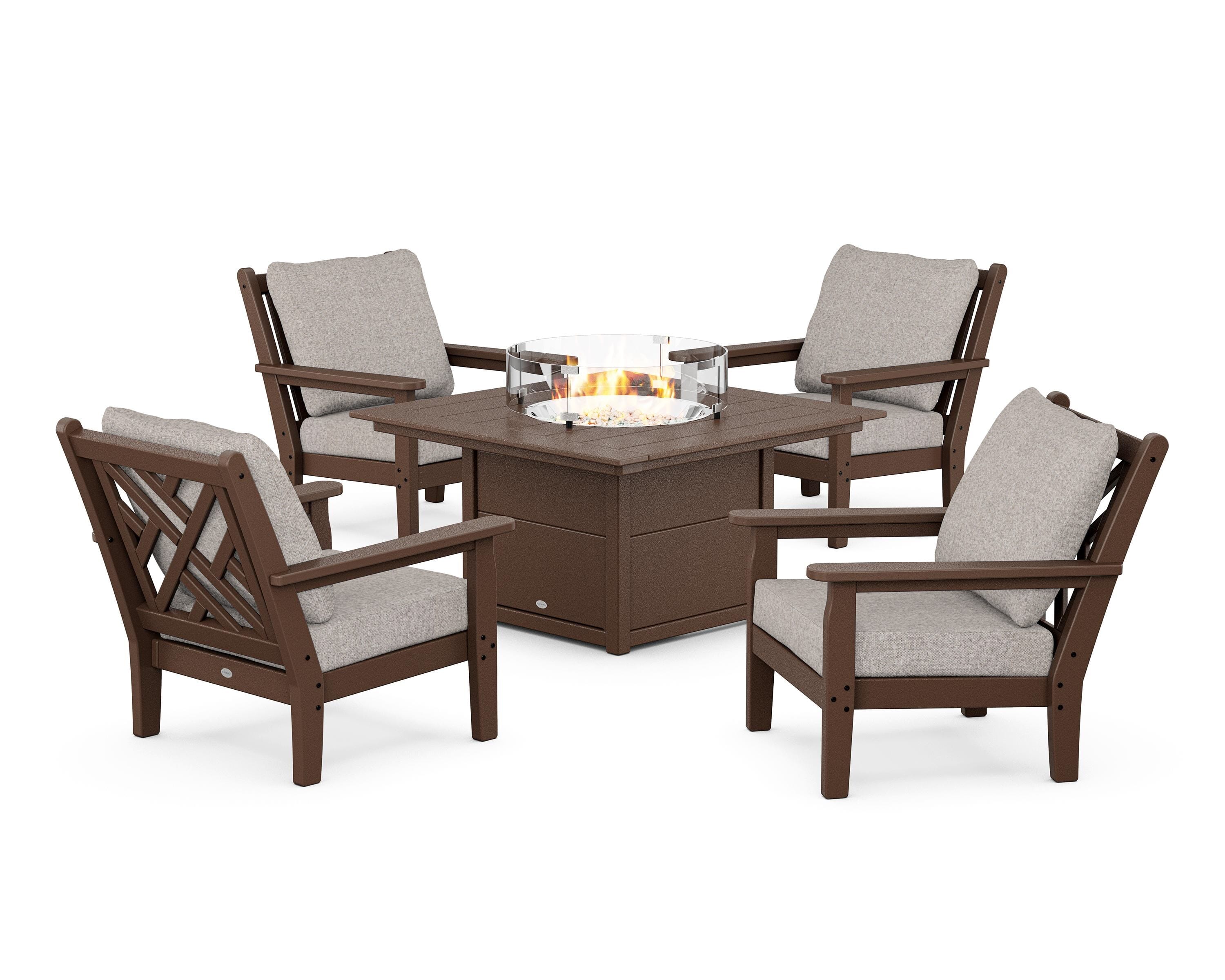 POLYWOOD Chippendale 5-Piece Deep Seating Set with Fire Pit Table in Mahogany / Weathered Tweed