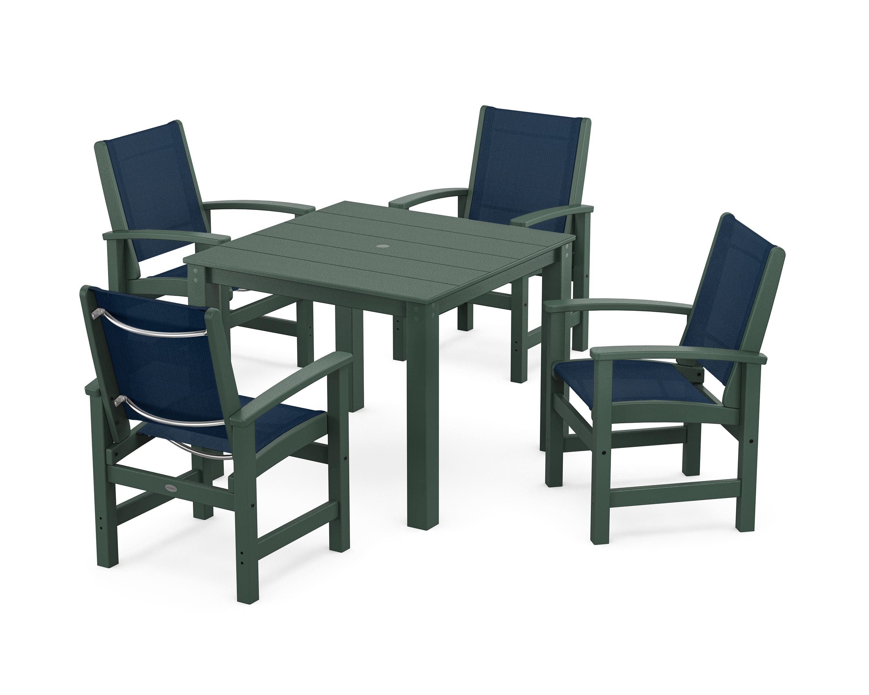 POLYWOOD Coastal 5-Piece Parsons Dining Set in Green / Navy Blue Sling