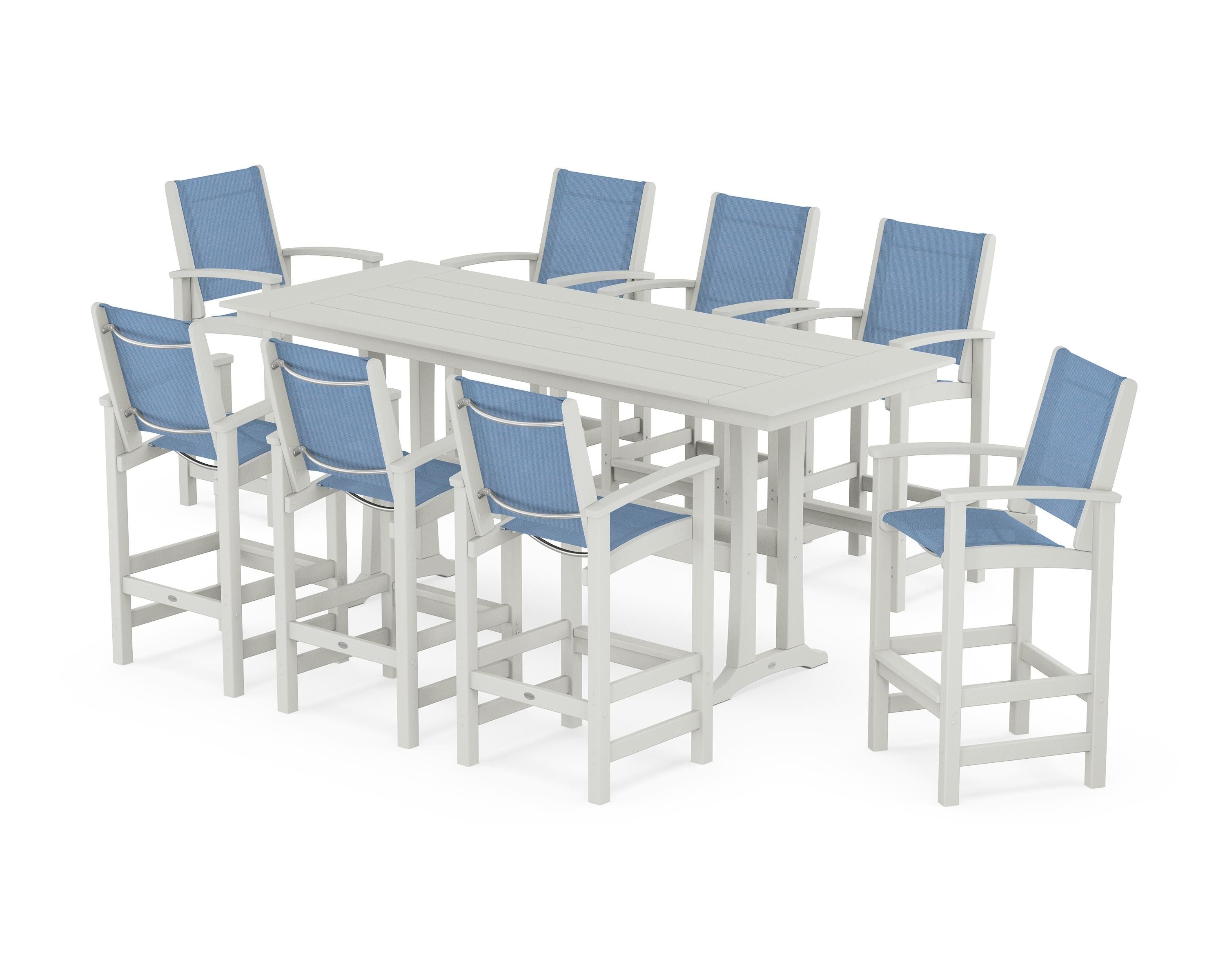 POLYWOOD Coastal 9-Piece Farmhouse Bar Set with Trestle Legs in Vintage White / Poolside Sling