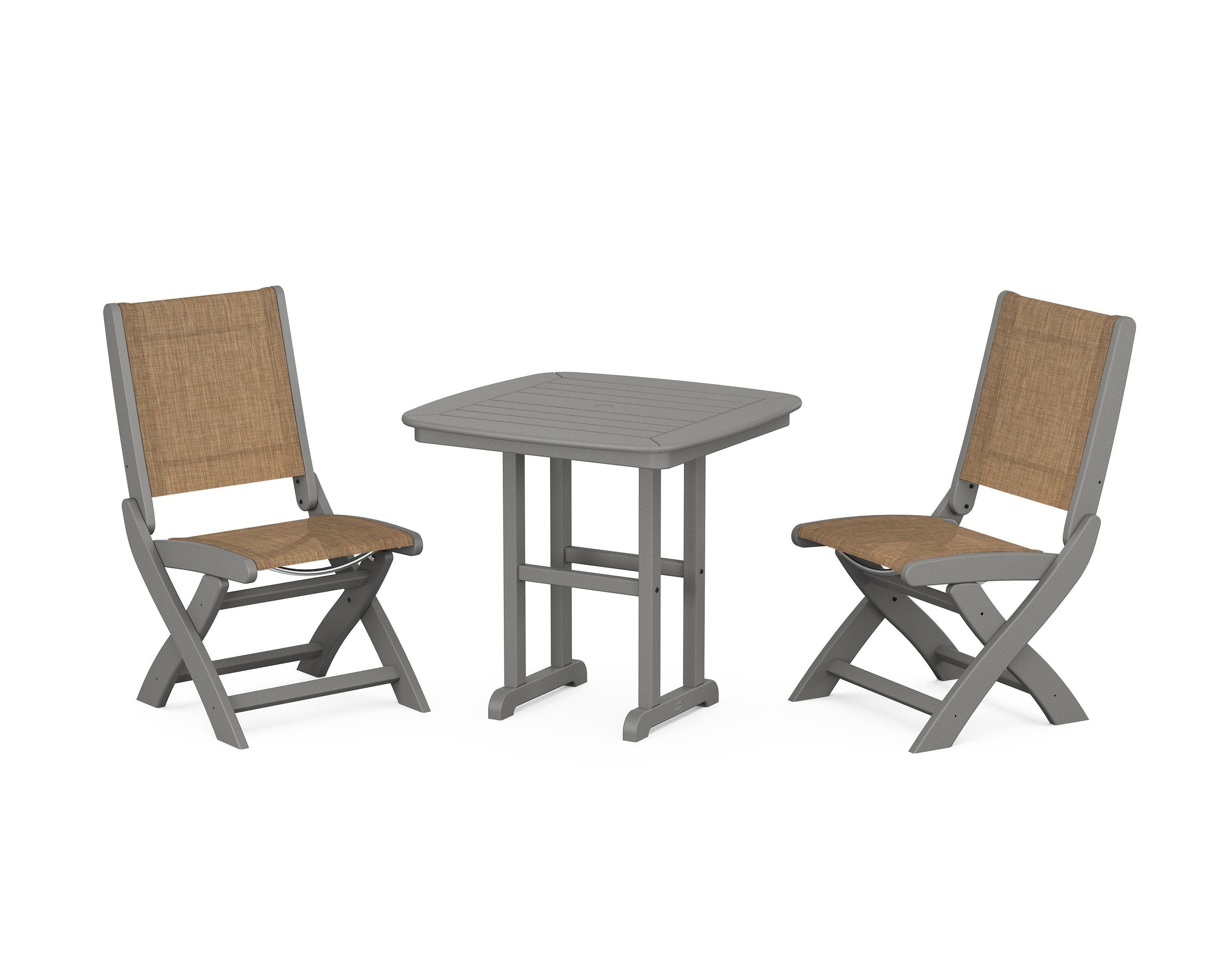 POLYWOOD Coastal Folding Side Chair 3-Piece Dining Set in Slate Grey / Burlap Sling