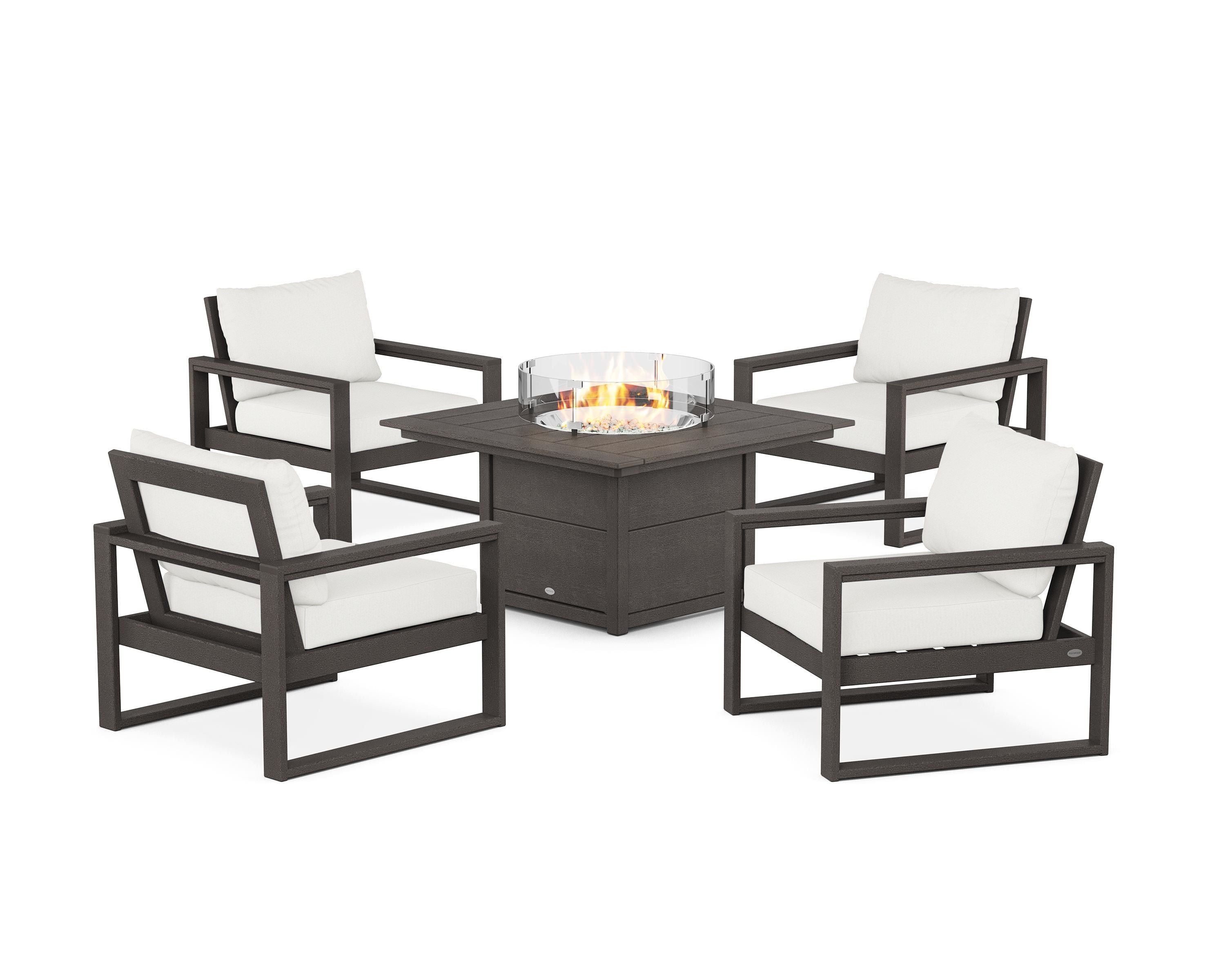 POLYWOOD EDGE Sectional 5-Piece Deep Seating Set with Fire Pit Table in Vintage Coffee / Natural Linen